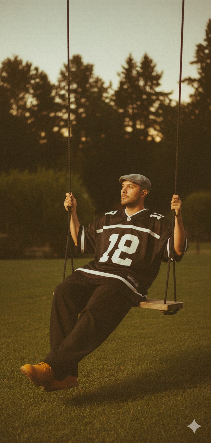 Use the last photo as a setting). a night photo in an outdoor setting, with green grass and tall trees in the background, softly lit with warm and diffused light, creating a magical and intimate atmosphere. In the center of the scene there is a person in the image sitting on a wooden swing suspended by black ropes. The person is with his body slightly tilted back, holding each rope of the swing with one hand, one leg bent and the other stretched forward, creating a natural and relaxed pose. Wears a black short-sleeved T-shirt with white stripes and the numbers
'18' and '32' in front; the modeling is very wide, in the style of an American football or basketball shirt. The pants are black, smooth, extremely loose, with a wide and straight fit until they almost cover the shoes. On the feet, wears caramel Timberland boots. The face should be mine, realistic, turned to the side showing the profile, with a neutral and serene expression, without a smile. The style of the image should be smooth, with analog photography texture, light grain and warm colors that convey nostalgia and tranquility.