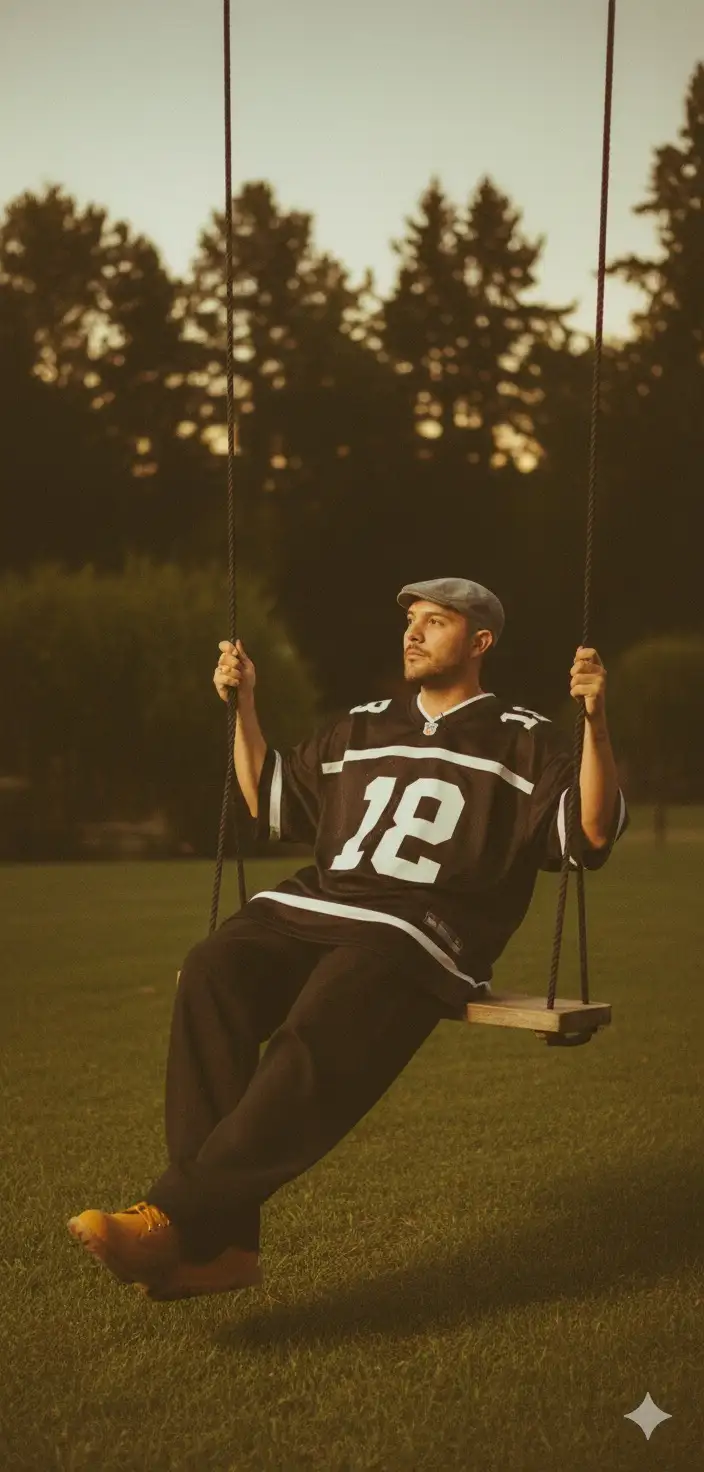 Use the last photo as a setting). a night photo in an outdoor setting, with green grass and tall trees in the background, softly lit with warm and diffused light, creating a magical and intimate atmosphere. In the center of the scene there is a person in the image sitting on a wooden swing suspended by black ropes. The person is with his body slightly tilted back, holding each rope of the swing with one hand, one leg bent and the other stretched forward, creating a natural and relaxed pose. Wears a black short-sleeved T-shirt with white stripes and the numbers

'18' and '32' in front; the modeling is very wide, in the style of an American football or basketball shirt. The pants are black, smooth, extremely loose, with a wide and straight fit until they almost cover the shoes. On the feet, wears caramel Timberland boots. The face should be mine, realistic, turned to the side showing the profile, with a neutral and serene expression, without a smile. The style of the image should be smooth, with analog photography texture, light grain and warm colors that convey nostalgia and tranquility.