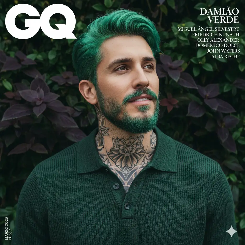 A high-fashion magazine cover, GQ style. The main subject is a male model with the face of the man in the photo provided, striking a thoughtful pose looking upwards and slightly to the right, close up to whole face. He has vibrant teal-green hair and a short beard. He is wearing a dark green knitted polo shirt, with a few buttons undone. His neck and chest are adorned with intricate black and white tattoos. The background is lush and verdant, filled with dark green foliage and hints of purple plants, creating a natural and somewhat mysterious atmosphere. The lighting is soft and artistic, highlighting his features.
The GQ logo is prominently displayed in the upper left corner in white, with a subtle cutout in the 'Q' allowing the background to show through. In the upper right corner, the text 'DAMIÃO VERDE' is featured in a modern, fashion bold font. Below 'DAMIÃO VERDE' there is a list of names in a smaller, elegant font, vertically aligned:
MIGUEL ÁNGEL SILVESTRE
FRIEDRICH KUNATH
OLLY ALEXANDER
DOMENICO DOLCE
STEFANO GABBANA
JOHN WATERS
ALBA RECHE
On the left side of the cover, vertically oriented, it reads 'MARZO 2026' and 'N.357'. The overall aesthetic is sophisticated, artistic, and slightly edgy, maintaining the exact style and composition of the original GQ cover.
Aspect ratio: 4:5 vertical.