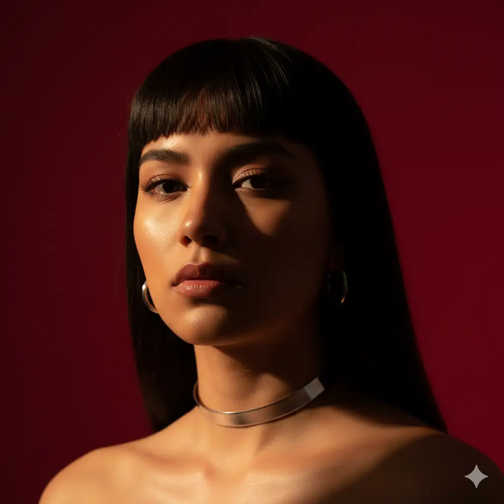 La foto es un primer plano de un rostro femenino joven con una mirada intensa y dirigida a la cámara. Su rostro y cuello están iluminados con una luz cálida y fuerte proveniente del lado izquierdo, creando un marcado contraste con las sombras profundas que acentúan su mandíbula y cuello. Su piel, que parece muy luminosa, resalta contra el fondo de color rojo intenso y saturado.

Lleva un collar de gargantilla plateado y pendientes de aro. Su cabello oscuro y liso, con un flequillo recto, enmarca su rostro y acentúa su mirada. El peinado y la composición simple de la imagen dirigen la atención directamente a los rasgos de la modelo.