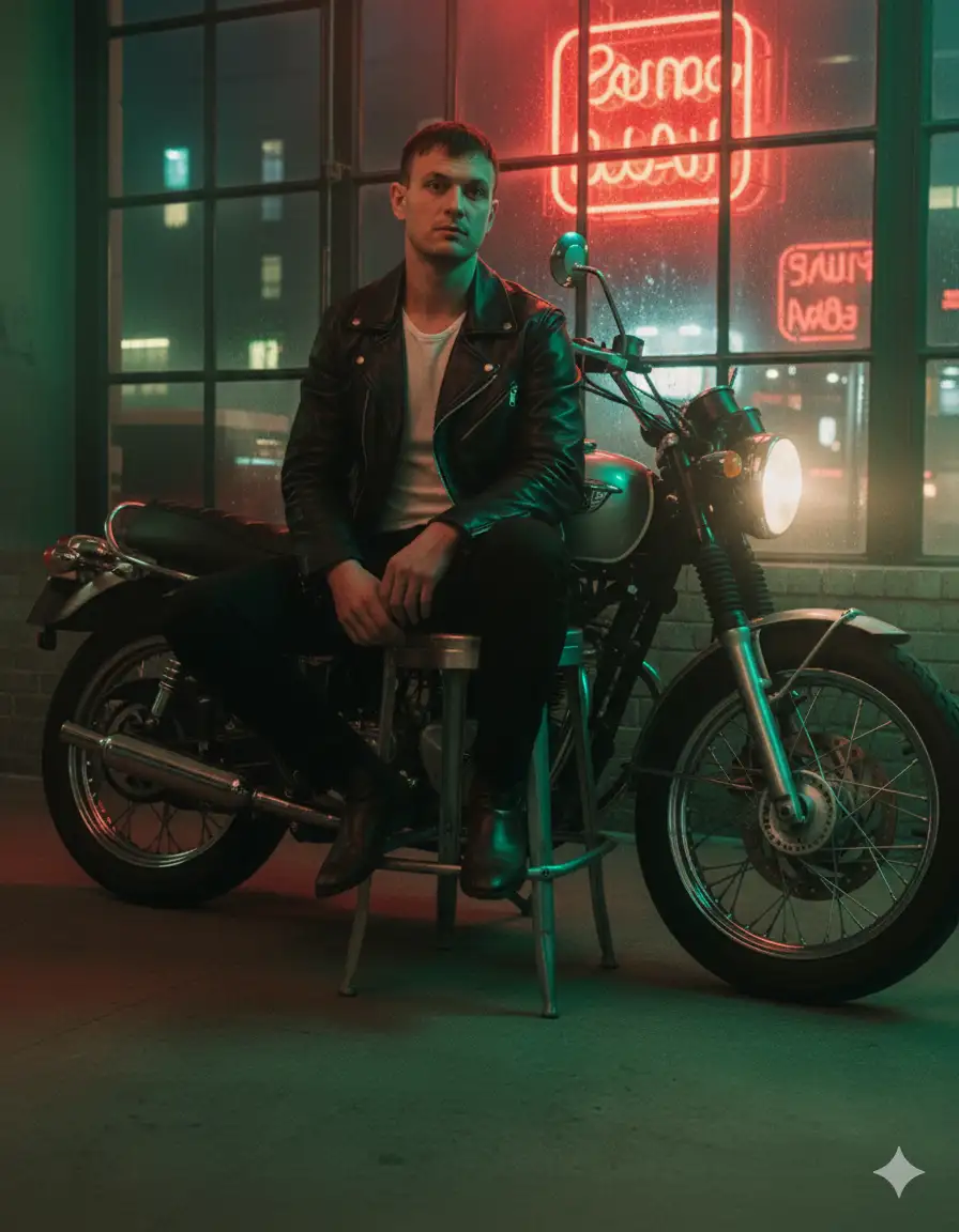 La mandíbula y el cuello están sutilmente enfatizados para crear una silueta cinematográfica y escultural.
​Las luces de neón rojas y verdes de la ciudad pasan, refractándose a través del cristal mojado y proyectando colores cambiantes sobre el rostro del sujeto. Viste una camisa negra abotonada. La iluminación es suave pero dramática, con sombras profundas y reflejos brillantes que esculpen el rostro y evocan una sensación de soledad urbana.
​El tono de la imagen es rico en contraste rojo-verde, con grano de película grueso, desenfoque de movimiento pronunciado por las luces que pasan y un resplandor brumoso alrededor de los faros del vehículo. La composición es vertical (relación de aspecto 3:4), un primer plano o plano de tres cuartos, con el sujeto centrado o ligeramente descentrado. El ambiente debe evocar soledad, introspección y el dolor silencioso de la vida urbana, como un fotograma cinematográfico de una película de Wong Kar-wai.
​Ajustes de cámara:
​Lente: 50\text{mm } f/1.4 (para intimidad emocional y compresión cinematográfica)
​ISO: 800
​Apertura: f/1.4
​Velocidad de obturación: 1/60\text{s}
​Formato: vertical (3:4 aspect ratio)
​Iluminación: luz de neón ambiental (\sim3200\text{K} rojo + \sim5200\text{K} verde), refractada a través del cristal mojado
​Gradación de color: contraste rojo-verde, brillo suave, grano abundante
​Ambiente: melancólico, cinematográfico, emocionalmente suspendido
​Atmósfera: noche urbana, soledad poética, realismo editorial
​--v 5 --ar 3:4 --style raw --quality 2 --ref_photo