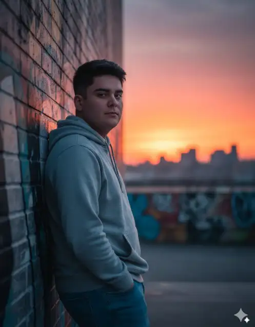 Retrato urbano de un joven apoyado en una pared con grafitis. Lleva una sudadera gris con capucha y vaqueros, con una pose relajada y una expresión segura. Al fondo, una vibrante puesta de sol en tonos naranja, rosa y azul crea una atmósfera cinematográfica de libertad y estilo urbano. Generar una imagen.