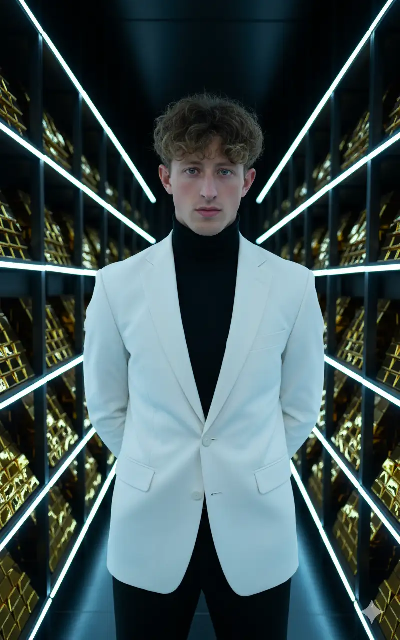 Inside a dark vault, the man stands before stacks of gold bars wearing a black turtleneck under a sharp white blazer. LED strip lighting casts subtle glows on gold surfaces and contours of the face. He stands with his hands clasped behind the back in a pose of total control. He appears cold and calculating.
Ultra-HD 8K, 3:4, high-contrast lighting with sharp metallic reflections, ultra-detailed. Don't change facial features