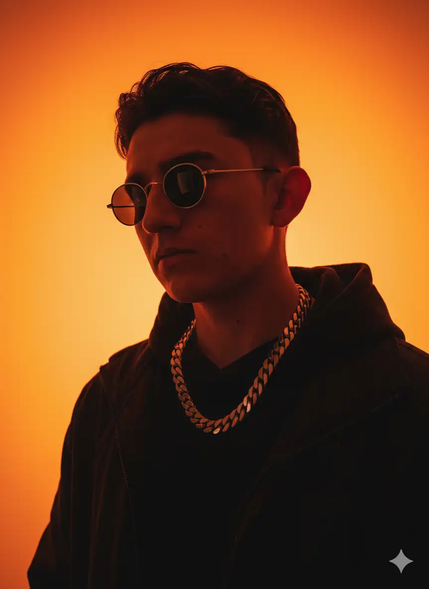 Transform my photo into a cinematic, stylized portrait with bold lighting. Place me against a glowing orange gradient background that creates a radiant halo effect behind my head. Capture me in profile or ¾ view, wearing dark modern streetwear and a thick silver Cuban-link chain necklace. Add small round sunglasses for a cool, futuristic aesthetic.

Lighting: dramatic high-contrast lighting, with warm orange backlight illuminating the silhouette and subtle shadows across the face.

Camera angle: mid-shot portrait, straight-on or slightly low angle for a powerful look.

Lens style: 85mm portrait lens with shallow depth of field, sharp subject focus against soft glowing background.

Color grading: rich, cinematic orange and black palette with deep shadows and glowing highlights.

Mood: modern, moody, stylish, artistic, capturing a confident and mysterious aura.

Texture: clean, polished finish with slight filmic tones, no grain unless a vintage touch is desired.

Enhancements: emphasize metallic shine on the necklace, reflections on the sunglasses, and the glowing gradient light behind the subject for maximum drama.