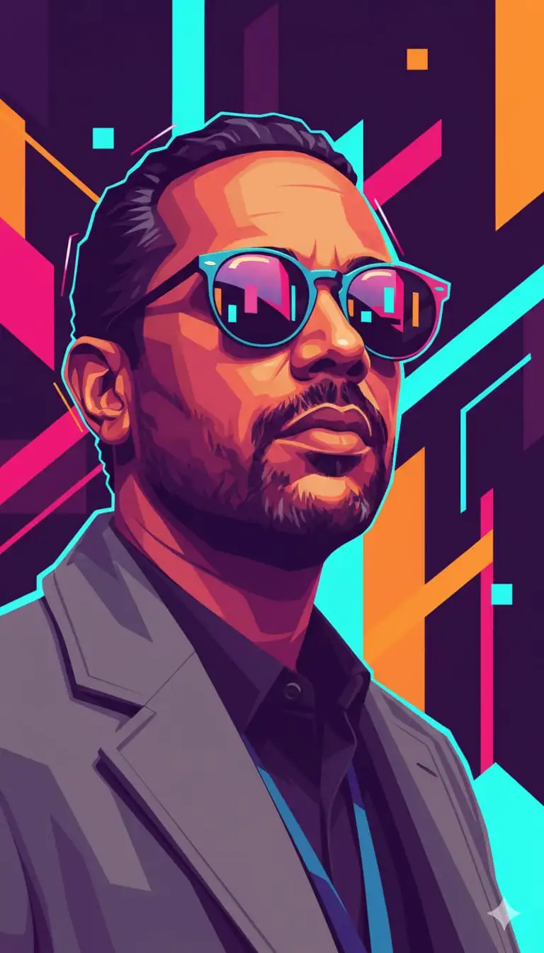 Ilustración digital ultraestilizada y muy detallada de UN HOMBRE seguro de sí mismo (foto adjunta) con gafas de sol redondas reflectantes, que mira ligeramente hacia arriba con una expresión audaz y segura de sí mismo. La obra presenta una estética pop-art moderna y vectorial, con formas geométricas definidas, líneas vectoriales limpias y efectos de iluminación dinámicos.

La paleta de colores rebosa de vibrantes tonos neón —naranja eléctrico, rosa intenso, morado oscuro y azul cian— combinados con suaves degradados y fluidos.
