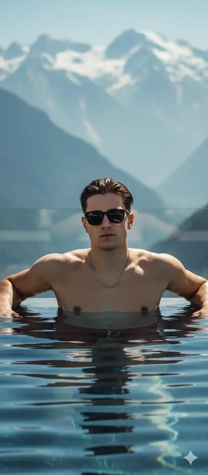 Fotografía de estilo de vida cinematográfico usando de modelo al chico de la foto, una toma de alta costura y aspiracional de un joven guapo y atlético. Lleva gafas deportivas y una fina cadena plateada, relajándose al borde de una lujosa piscina infinita en la azotea, sumergido hasta el pecho con el pelo algo mojado. El fondo son montañas nevadas moderno vasto, extenso y brumoso que crea un hermoso bokeh. La iluminación es brillante, luz solar directa, proyecta reflejos nítidos en su piel y crea ondas en el agua azul oscura. El estado de ánimo general es de lujo, éxito y tranquilidad de alta gama. Detalles fotorrealistas con nítidos sobre el tema. Resolución de 8k, hiperrealista, FHD.
--Ar 9: 16 --estilo crudo --v 6,0