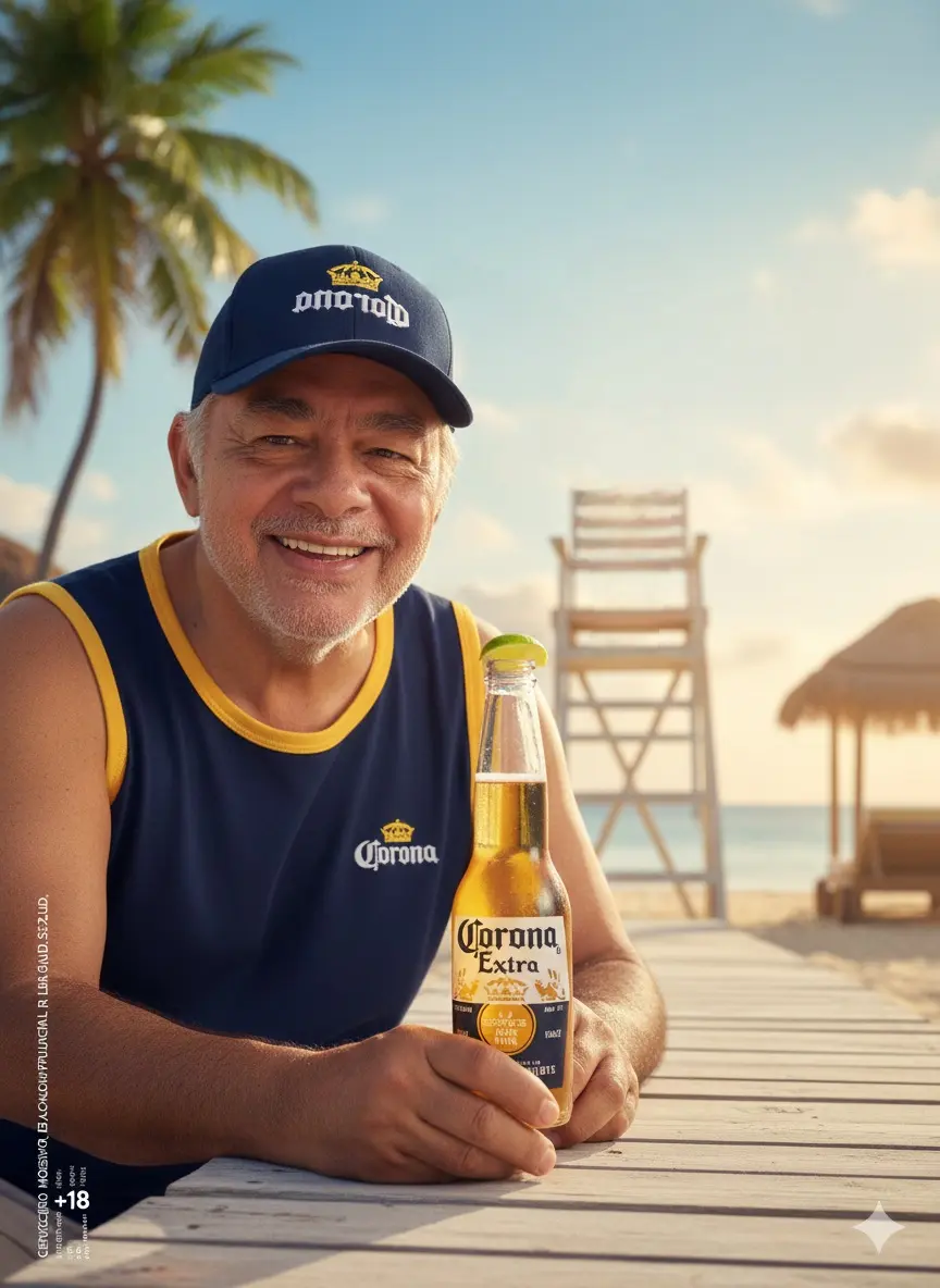 Crea una imagen con los detalles que te indicó a continuación
La imagen es una fotografía cinematográfica e hiperrealista de la cerveza Corona Extra, ambientada en un escenario playero y relajado.
Elemento Principal:
En primer plano y centrada, se encuentra una botella de cerveza Corona Extra. La botella es de vidrio transparente, mostrando el líquido dorado en su interior. Lleva la etiqueta distintiva de Corona, con su logo y texto en tonos amarillos y negros. Un trozo de lima o limón está colocado en la boca de la botella, un detalle clásico asociado con el consumo de esta cerveza. La botella está apoyada sobre lo que parece ser una estructura de madera clara, posiblemente una pasarela o muelle en la playa, con arena visible en los bordes.
Hombre: a la izquierda de la imagen se encuentra un hombre (cuyo rostro puedes ver en la fotografía que adjunto para que lo tomes como referencia), con una gorra (de color azul marino y con el logotipo de la cerveza corona con las letras blancas y la corona amarilla bordados en el frente de la corona de la gorra) y vistiendo una camiseta sin mangas del mismo color de la gorra con bordes amarillos y con el logotipo de la cerveza corona estampada sobre el pecho de la camiseta. Con las dos manos está agarrando la botella de cerveza. Su rostro muestra una amplia sonrisa de satisfacción. Tiene la piel bronceada por haber tomado sol.
Fondo y Ambiente:
El fondo está desenfocado para destacar la botella y al hombre que la sostiene. Se distingue una figura femenina joven, también desenfocada, que parece estar bailando o posando con los brazos extendidos sobre una estructura elevada, posiblemente una silla alta de salvavidas o una torre de vigilancia en la playa. Viste una camisa blanca abierta y un sombrero de paja, lo que refuerza la atmósfera veraniega.
Detrás de ella, se aprecian palmeras y lo que podrían ser cabañas o estructuras de playa. El cielo es parcialmente visible, mostrando una mezcla de azul claro y tonos anaranjados, sugiriendo un atardecer o amanecer, lo que añade un ambiente cálido y festivo.
Iluminación y Estilo:
La iluminación es suave y cálida, especialmente en el fondo, creando una sensación de ensueño y vacaciones. El estilo general de la imagen es vibrante y aspiracional, evocando sentimientos de libertad, disfrute y escape.
Crea la imagen manteniendo completamente íntegros todos los rasgos físicos y corporales del rostro de la foto adjunta