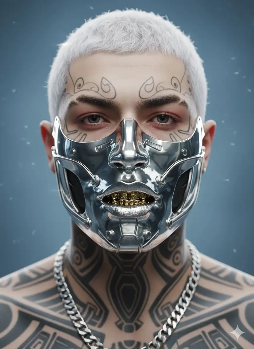 Ultra-realistic close-up portrait of a person with very short, silver-white hair, pale skin with faint tattoo-like patterns across forehead and temples, no visible eyebrows, and slightly reddish eyelids. The subject wears a brutalist, bio mechanical metallic facial mask made of polished silver with a glossy, reflective, high-luxury finish.
The mask has irregular dents, bolts, and tubes, but the surface shines with metallic luster, like high-end jewelry.
The mask covers the nose and lower face, but has an opening at the mouth, revealing gold grillz teeth. The industrial-cybernetic structure looks expensive and elegant, with jewel-like reflections. Neck and chest tattoos visible, complemented by a heavy metallic chain necklace. Background: muted blue. Lighting: soft diffused with bright highlights emphasizing glossy metallic reflections. Photographed 85mm f/2.8, cinematic editorial style, hyper-detailed. Don’t change facial features