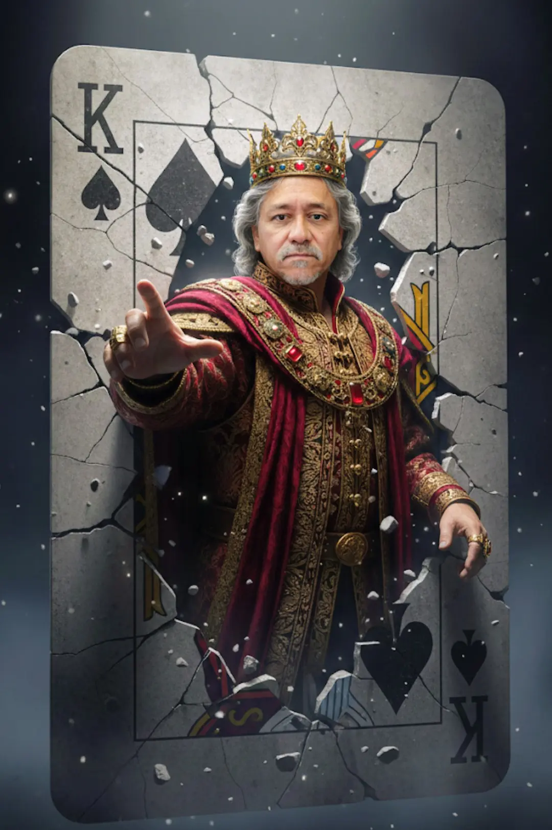 Retrato ultrarrealista de 64K con cámara DSLR de un hombre rey con el mismo rostro y peinado que la imagen de referencia, emergiendo dramáticamente de una enorme carta del Rey de Picas agrietada.
La expresión del rey es majestuosa, sabia y poderosa, con una nítida iluminación cinematográfica que resalta sus rasgos.
Lleva una corona ornamentada con detalles de oro, piedras preciosas y filigrana. Su túnica es lujosa y real, con bordados en tonos carmesí y dorado intensos, con complejas texturas de brocado y sutiles reflejos.
Su brazo derecho se extiende hacia adelante en un gesto autoritario, mientras que el izquierdo descansa tranquilamente a su lado, revelando telas detalladas, joyas doradas y anillos. No presenta tatuajes.
La carta tiene una textura erosionada, similar a la de la piedra, agrietada y fragmentada, con restos y partículas de polvo cayendo a través de ella.
El fondo es un degradado oscuro y melancólico que se desvanece del negro al azul grisáceo intenso, con una iluminación volumétrica dramática y sutiles partículas atmosféricas que aportan profundidad y realismo.
Renderizado en Octane y Unreal Engine 5, con iluminación global, iluminación de alto rango dinámico, profundidad de campo cinematográfica y materiales fotorrealistas. La composición debe evocar grandeza, fantasía y autoridad divina, combinando elementos de realeza, mito y realismo en un estilo cinematográfico heroico y pictórico.
Relación de aspecto 9:16
