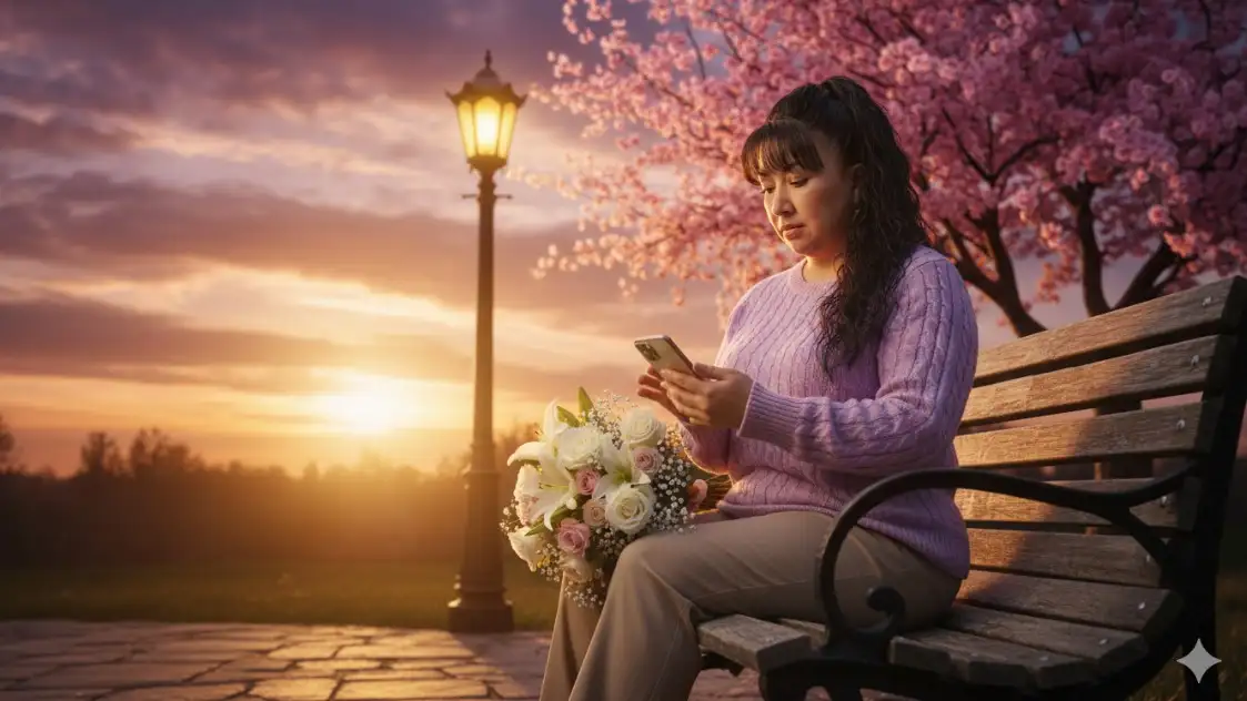Chica sentada en un banco del parque (misma imagen subida):
Una chica elegante con un suéter lavanda y pantalones caqui está sentada en un banco del parque, mirando su teléfono. A su lado, en el banco, hay un gran ramo de flores. Detrás de él, una farola de gas alta con una luz brillante. Al fondo, un gran cerezo con flores rosas. El cielo es un dramático atardecer con nubes anaranjadas y moradas. **Iluminación de hora dorada, fotorrealista, cinematográfica, 8k, sin modificar los detalles faciales.