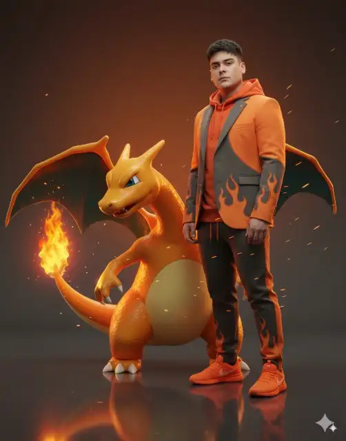 Crie um retrato editorial hiper-realista de uma pessoa, gerado a partir de la imagen fornecida (mesmo rosto 100%, mesmo penteado, expressão preservada). El sujeto está de pie con confianza sobre un piso reflexivo e brillante, vestido con un conjunto coordinado en toneladas de laranja flamejante e carvão (jaqueta ou moletom com capuz e calça jogger alfaiatada), con líneas inspiradas en fogo y sutis bordados de chamas ao longo das mangas, peito e costuras da calça. Tenis laranja flamejante combinando completam o visual. Al lado e interactuando con el sujeto está un Charizard hiperrealista, en tamaño proporcionalmente mayor, con escenas detalladas en toneladas de laranja, asas abiertas parcialmente con textura realista y cauda emanando una chama viva e intensa. El Charizard puede interactuar de diferentes formas: • posicionado ao lado olhando para frente com imponência, • levemente inclinado em direção à pessoa como se fosse protetor, • ou soltando discretas faíscas de fogo que iluminam a cena. El fondo es un gradiente dramático de laranja flamejante para carvão profundo, criando un clima editorial poderoso; El reflejo en el piso muestra tanto el sujeito cuanto de Charizard. La iluminación utiliza luz intensa como fuente principal, además de la luz de contorno avergonzada y dorada que realza los detalles de la piel, las escamas y el tejido. El efecto incluye profundidad de campo cinematográfico raso, leve granulación de película para dar aspecto editorial, integración fotorrealista de criaturas y calidad ultra detallada en 8K.