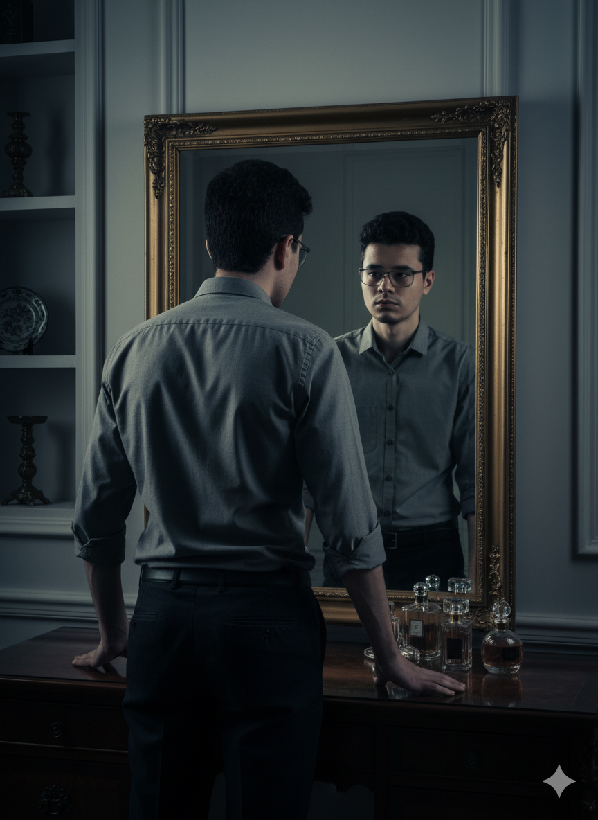 Crea una dramática fotografía de un joven delgado. El hombre estaba de pie frente al espejo, vestido con pantalón de vestir y camisa gris doblada las mangas.
El hombre estaba de frente al espejo, mientras la cámara lo captaba desde atrás, resaltando su espalda y el reflejo de su rostro en el espejo. La pose del tubu está ligeramente encorvada y las manos del hombre tocan la mesa, lo que da una impresión de elegancia y seguridad.
La iluminación se centra en el rostro y la parte frontal del cuerpo a través de los reflejos del espejo, con sombras intensas que rodean los lados derecho e izquierdo, creando una atmósfera misteriosa y artística.
El fondo de la habitación parece una habitación lujosa, con una pequeña mesa al fondo de la imagen y una selección de perfumes. Estilo visual clásico, alto contraste, lleno de matices dramáticos y estética cinematográfica.
Relación de aspecto 9:16
Usa el mismo rostro de la imagen que te doy y recuerda que es de contextura delgada el hombre.