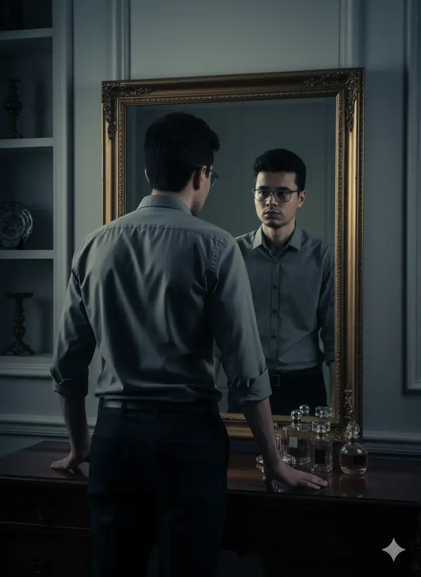 Crea una dramática fotografía de un joven delgado. El hombre estaba de pie frente al espejo, vestido con pantalón de vestir y camisa gris doblada las mangas.

El hombre estaba de frente al espejo, mientras la cámara lo captaba desde atrás, resaltando su espalda y el reflejo de su rostro en el espejo. La pose del tubu está ligeramente encorvada y las manos del hombre tocan la mesa, lo que da una impresión de elegancia y seguridad.

La iluminación se centra en el rostro y la parte frontal del cuerpo a través de los reflejos del espejo, con sombras intensas que rodean los lados derecho e izquierdo, creando una atmósfera misteriosa y artística.

El fondo de la habitación parece una habitación lujosa, con una pequeña mesa al fondo de la imagen y una selección de perfumes. Estilo visual clásico, alto contraste, lleno de matices dramáticos y estética cinematográfica.

Relación de aspecto 9:16
Usa el mismo rostro de la imagen que te doy y recuerda que es de contextura delgada el hombre.