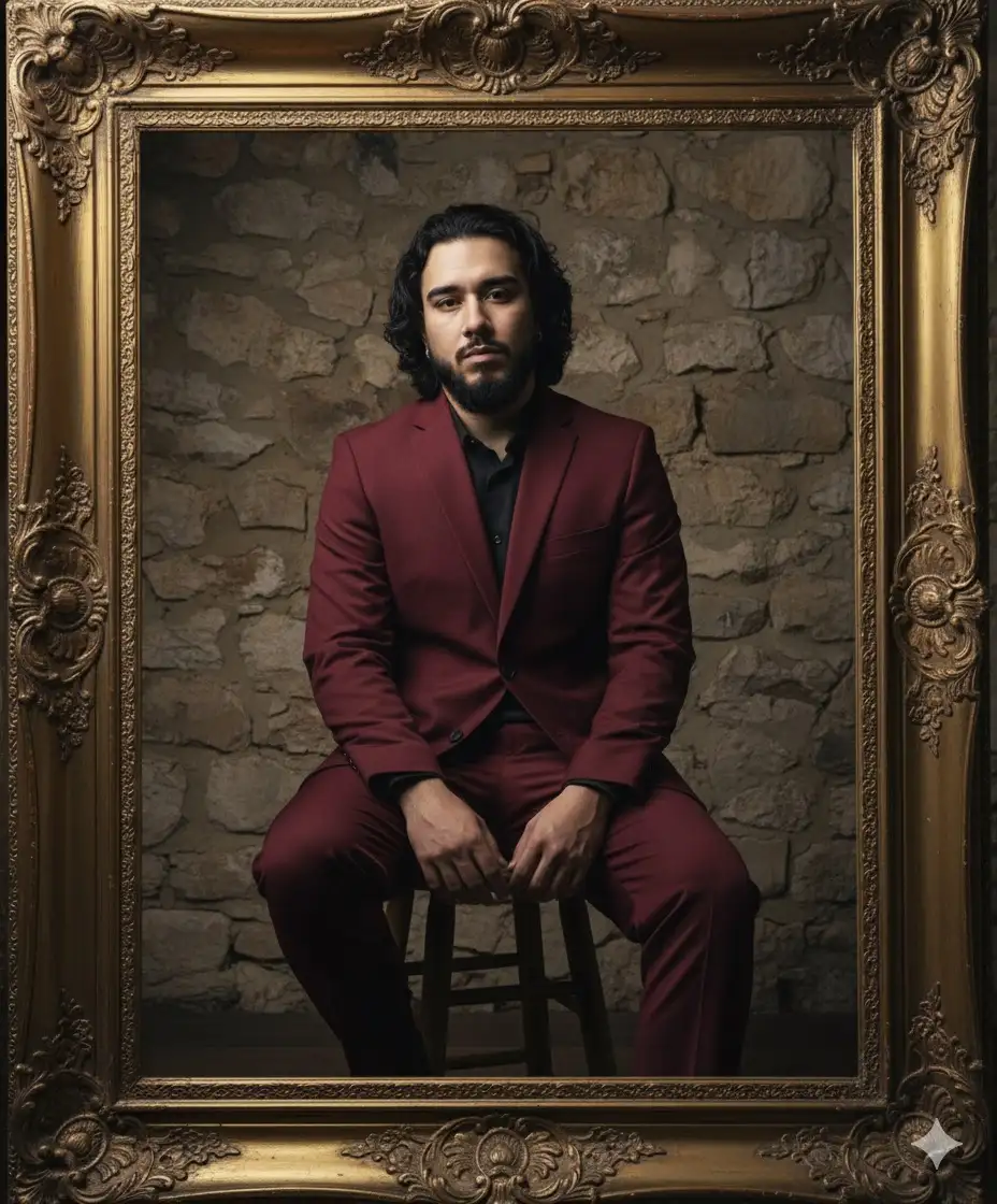 Insert the photo I uploaded into the prompt below
a young man with wavy black hair sitting elegantly inside a large ornate golden vintage frame, wearing a stylish deep red tailored suit, relaxed yet confident pose, rustic textured wall background, fine art editorial photography style, cinematic soft dramatic lighting, professional DSLR wide shot, sharp focus, realistic fashion photography, high resolution --ar 9:16 --v 6 --style raw --q 2 --s 1000 --hd
figure 2 : insert the photo I uploaded into the prompt below
a young man with wavy black hair standing elegantly inside a large ornate golden vintage frame, wearing a stylish deep red tailored suit, confident posture with hands relaxed, rustic textured wall background, fine art editorial photography style, cinematic soft dramatic lighting, professional DSLR wide shot, sharp focus, realistic fashion photography, high resolution --ar 9:16 --v 6 --style raw --q 2 --s 1000 --hd. Don't change facial features