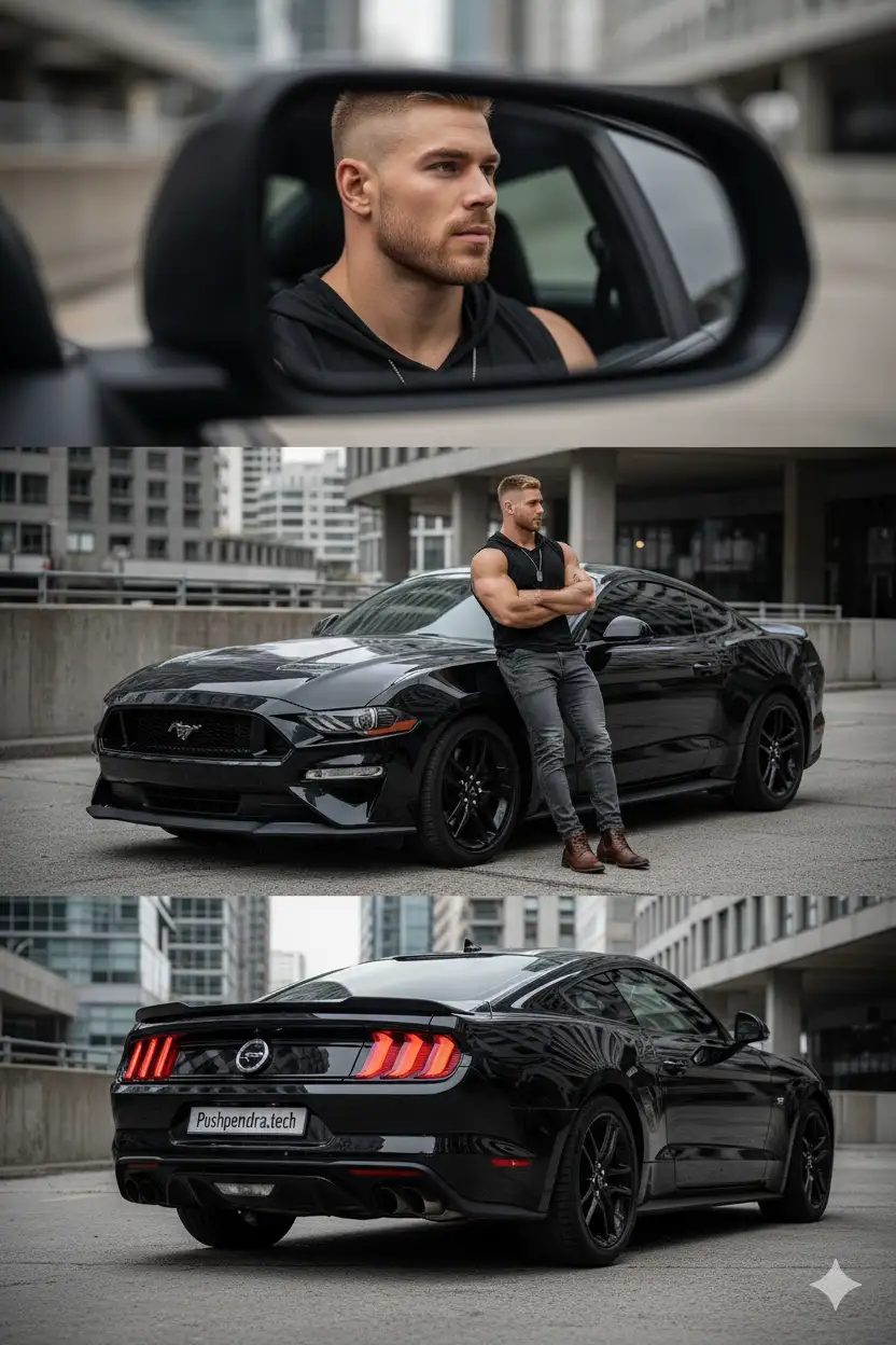 A cinematic automotive photoshoot of me, keeping my real face unchanged. The scene is composed of three perspectives:
- Interior close-up (mirror reflection): Tight portrait of my face reflected in the driver-side mirror. My gaze is serious and focused, looking forward with determination. Only part of my profile is visible, framed cleanly in the mirror, background softly blurred, cinematic intensity.
- Exterior full-body (correct placement): I am standing confidently to the side of a sleek black Ford Mustang, not in the center. My arms are crossed, posture relaxed but strong. My left leg is straight, right leg bent slightly at the knee with foot casually resting against the car. My gaze is directed slightly off-camera with a calm, assertive expression. The car remains dominant in the frame, shot at eye-level with a slightly wide lens, showing its front and side clearly. Outfit: fitted black polo shirt, slim grey jeans, brown leather boots. The look is minimal yet stylish, emphasizing a modern masculine vibe. Pose exactly like a professional automotive editorial shoot.
- Rear car shot: Low perspective rear angle of the Mustang, glossy black surface, taillights glowing, license plate reading Pushpendra.tech. Cinematic urban concrete environment, natural but diffused lighting, emphasizing the car’s muscular presence.
Style: cinematic automotive editorial, moody and stylish, urban modern architecture. Professional fashion-meets-car photography. My face unchanged.