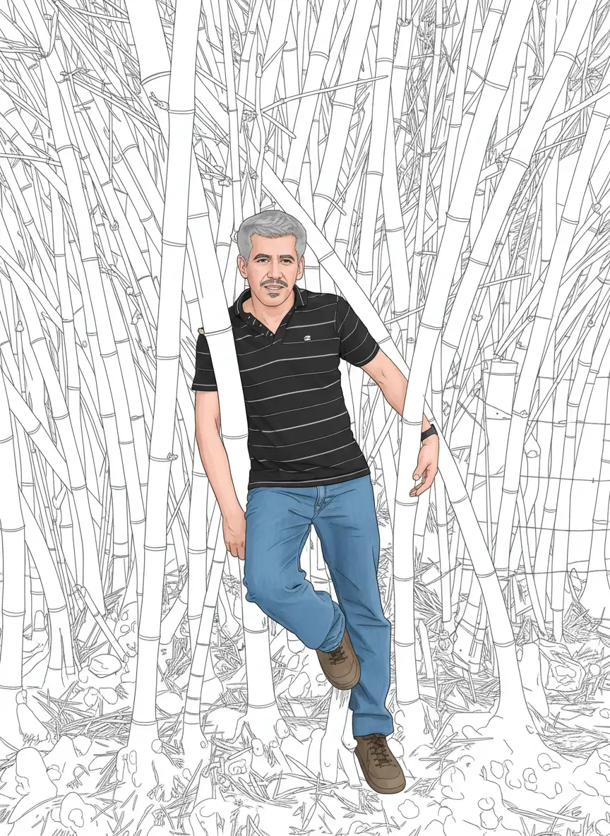 A partir de esta imagen crea: "Una Ilustración de estilo cómic/libro para 
colorear. La composición debe tener a la persona detallada y 
coloreada, pero convertidas a ilustración, mientras que el resto del 
fondo y elementos secundarios, se representan solo con líneas limpias, 
nítidas y en blanco y negro, como un boceto. La iluminación debe ser 
suave y uniforme, resaltando los elementos coloreados. Estilo de dibujo 
que recuerda a los cómics modernos, con un toque de arte lineal de libro 
para colorear."