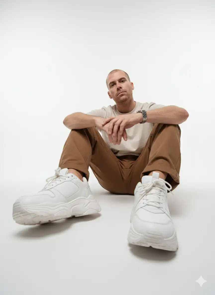 Inmediato Sesión de fotos del estudio editorial minimalista de un hombre (adjunta foto) sentado casualmente en el suelo en una pose relajada. Capturada desde una perspectiva dramática de ángulo bajo, la zapatilla de gran tamaño en primer plano parece dominante y poderosa. Lleva una camiseta color beige ligera en capas sobre una camiseta neutral, acompañada de pantalones marrones sueltos y zapatillas blancas gruesas. Una rodilla doblada hacia arriba, la otra pierna estirada hacia adelante con la suela de las zapatillas frente a la cámara, textura nítida y detalle visible. Sus manos descansan informalmente sobre sus rodillas, con un reloj de pulsera visible, mirando ligeramente hacia arriba con una expresión tranquila y considerada. Limpio fondo de estudio blanco sin costuras, suave incluso iluminación sin sombras duras, creando una estética minimalista de alta moda. Perspectiva de lente ultraancha, nitidez DSLR, estilo editorial de Pinterest. No modifiques su rostro, manten sus expresiones y rasgos