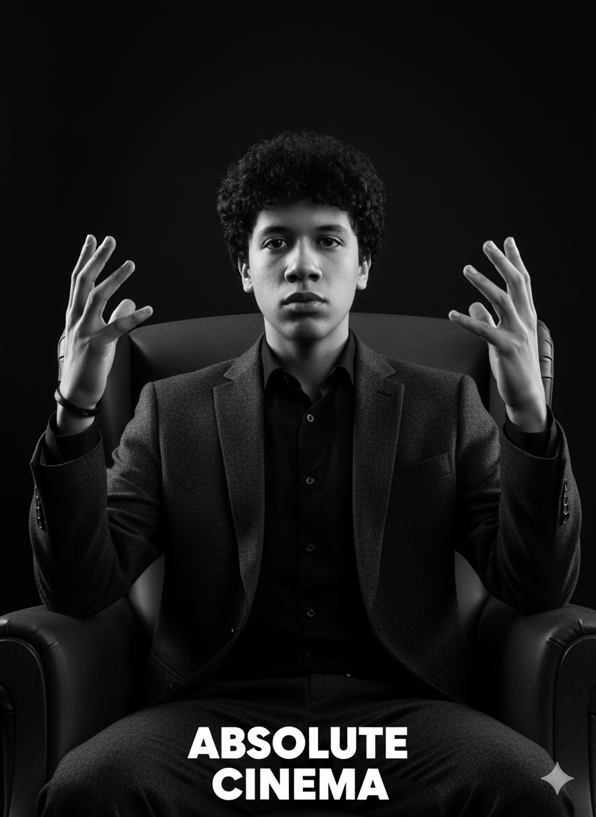 Crea un retrato monocromático de alto contraste de un hombre joven (el de la imagen que mandé) con una expresión seria y directa, mirando al espectador. El sujeto debe estar sentado en un sillón con brazos acolchados y levantando ambas manos con las palmas abiertas y los dedos extendidos en un gesto de exclamación o énfasis. Viste un elegante traje de tweed o lana oscura con una camisa de vestir negra abotonada hasta el cuello, y lleva una pulsera oscura en la muñeca derecha. La iluminación es dramática y frontal, con un sutil contraluz que lo separa de un fondo oscuro y minimalista. La imagen debe incluir el texto blanco 'ABSOLUTE' y 'CINEMA' en negrita en la parte inferior.