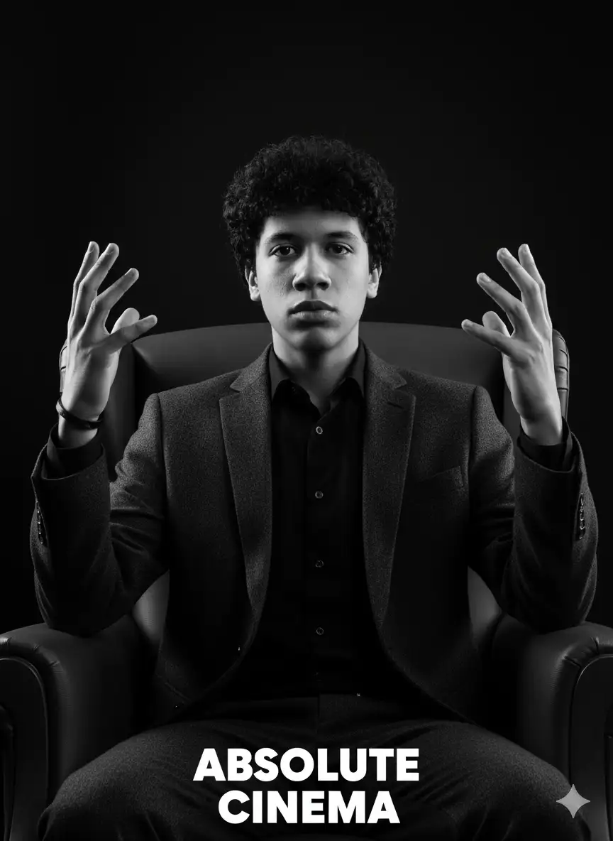 Crea un retrato monocromático de alto contraste de un hombre joven (el de la imagen que mandé) con una expresión seria y directa, mirando al espectador. El sujeto debe estar sentado en un sillón con brazos acolchados y levantando ambas manos con las palmas abiertas y los dedos extendidos en un gesto de exclamación o énfasis. Viste un elegante traje de tweed o lana oscura con una camisa de vestir negra abotonada hasta el cuello, y lleva una pulsera oscura en la muñeca derecha. La iluminación es dramática y frontal, con un sutil contraluz que lo separa de un fondo oscuro y minimalista. La imagen debe incluir el texto blanco 'ABSOLUTE' y 'CINEMA' en negrita en la parte inferior.