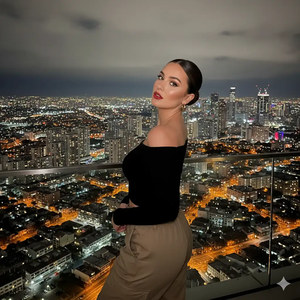 Create an image using the face of the uploaded photo: captures a striking nighttime scene, featuring a woman posing on a high-rise balcony with a bustling city skyline as her dramatic backdrop. The shot is taken at a slightly low to eye-level angle, emphasizing the height and expansive view of the city.
The woman is positioned with her body turned slightly to her right, looking back over her left shoulder directly at the camera. Her head is tilted slightly, and she sports a confident, almost sultry expression with noticeable makeup, including defined brows and bold red lipstick.
This pose, while engaging, suggests a deliberate effort, making the picture less candid and more like a carefully composed portrait.
She is dressed in a black, ott-the-shoulder long-sleeved top that reveals a sliver of her midriff, paired with what appear to be loose-titting, possibly cargo-style, pants in an earthy tone, tucked into the top at the waist. Her hair is pulled back in a sleek bun, highlighting her facial features and simple hoop earrings.
The background is undoubtedly the most breathtaking element. Behind her is a panoramic view of a vibrant cityscape at night, teeming with countless illuminated buildings and streets. The lights of the city stretch far into the distance, creating a dazzling array of orange, yellow, and white points of light against the dark, cloudy sky. Several prominent high-rise buildings, some with cranes suggesting ongoing construction, punctuate the skyline. The glass railing of the balcony is visible in the foreground, providing a clear, unobstructed view of the urban sprawi below. Do not over-edit or enhance the face in any way. Maintain a high degree of facial fidelity to the provided image.