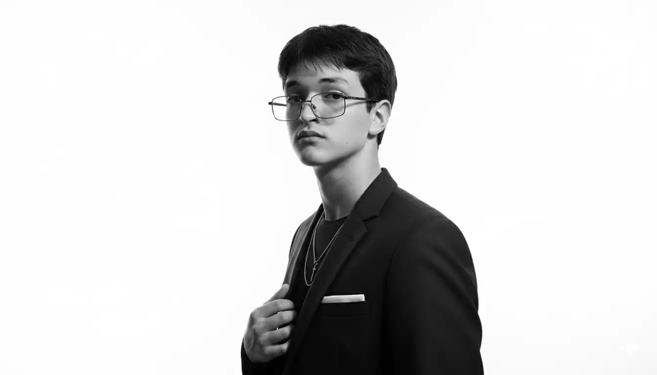 A black-and-white, half-body studio portrait of a man with a pensive and slightly melancholic pose. The man is seated on a stool or chair with his torso turned slightly to the right, but his head is looking directly at the camera. His right hand is raised, with his fingers gently touching his chin, while his elbow rests on his right knee. His left hand hangs loosely at his side.
​He is wearing a formal three-piece suit in a solid, dark color, such as black or navy. Underneath, he has a crisp white dress shirt with the top buttons undone, giving the look a relaxed and sensual feel. A neatly folded white pocket square peeks out from his jacket's chest pocket.
​The lighting is dramatic and high-contrast. A soft light illuminates the right side of his face and torso, creating deep shadows on the left side and in the background. The background is a solid black, which makes the subject and his clothing stand out.
​His accessories are subtle but noticeable. A large, elegant watch is visible on his left wrist, and a silver or platinum ring with a black stone adorns the index finger of his right hand.
​The expression on his face is introspective and thoughtful. His eyes are full of depth, almost as if he is looking into the distance or lost in a memory. The pose with his hand on his chin emphasizes this feeling of deep reflection.