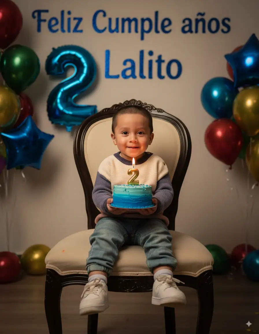 PARA NIÑO O HOMBRE
Crea un retrato de cumpleaños ultra realista de la persona que subiste, sentada en un interior sobre un fondo decorado para fiesta de niños. Detrás de el, flotan grandes globos de colores metálicos con el número "2", con la palabra "Feliz Cumpleaños Lalito" y está sentado con elegancia en una silla moderna. Sonríe cálidamente mientras sostiene un pequeño pastel de cumpleaños Azul de varias capas con velas doradas con el número "2" encendidas encima. La iluminación es cálida y cinematográfica, creando un ambiente festivo acogedor con suaves reflejos en el rostro y sombras sutiles. Alta definición, calidad de estudio profesional, resolución 4K.
PARA MUJER:
Crea un retrato de cumpleaños ultra realista sin cambiar su rostro original de la persona que subiste, sentada en un interior sobre un fondo decorado con sencillez. Detrás de ella, flotan grandes globos dorados metálicos con el número "60", con la palabra "Feliz Cumpleaños Paty" y está sentada con elegancia en una silla moderna. Sonríe cálidamente mientras sostiene un pequeño pastel de cumpleaños Rosa de varias capas con velas doradas con el número "60" encendidas encima. La iluminación es cálida y cinematográfica, creando un ambiente festivo acogedor con suaves reflejos en el rostro y sombras sutiles. Alta definición, calidad de estudio profesional, resolución 4K