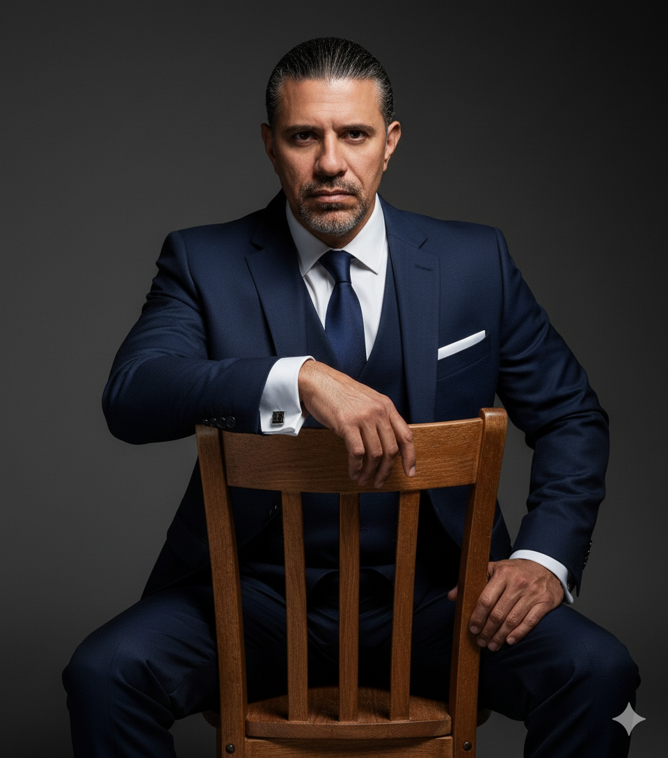 Hazme una Fotografía mia de moda como un hombre apuesto y musculoso sentado en una silla de madera de estilo rústico. Viste un traje de tres piezas azul marino (chaqueta, chaleco y pantalón) perfectamente cortado, con una camisa de vestir blanca de cuello ancho y una corbata azul marino texturizada. Lleva gemelos metálicos visibles en los puños de la camisa y un pañuelo de bolsillo blanco asomando. Está inclinado hacia adelante con el brazo derecho apoyado en el respaldo de la silla. La iluminación es dramática y de estudio, con sombras profundas, sobre un fondo gris y negro. Estética publicitaria, mirando intensamente a la cámara, plano medio."
