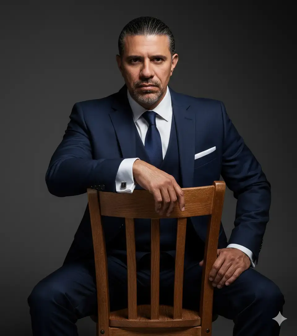 Hazme una Fotografía mia de moda como un hombre apuesto y musculoso sentado en una silla de madera de estilo rústico. Viste un traje de tres piezas azul marino (chaqueta, chaleco y pantalón) perfectamente cortado, con una camisa de vestir blanca de cuello ancho y una corbata azul marino  texturizada. Lleva gemelos metálicos visibles en los puños de la camisa y un pañuelo de bolsillo blanco asomando. Está inclinado hacia adelante con el brazo derecho apoyado en el respaldo de la silla. La iluminación es dramática y de estudio, con sombras profundas, sobre un fondo gris y negro. Estética publicitaria, mirando intensamente a la cámara, plano medio."