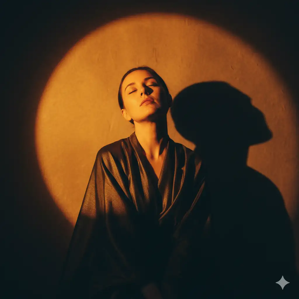 Craft a moody studio portrait of the uploaded photo, bathed in golden- orange spotlight, that creates a glowing circular halo behind them in the wall. The warm light should sculpt the face and the upper body with soft, sunset-like tones, while casting a strong shadow to the right. Style the person. Her eyes are closed and chin tilted slightly up.