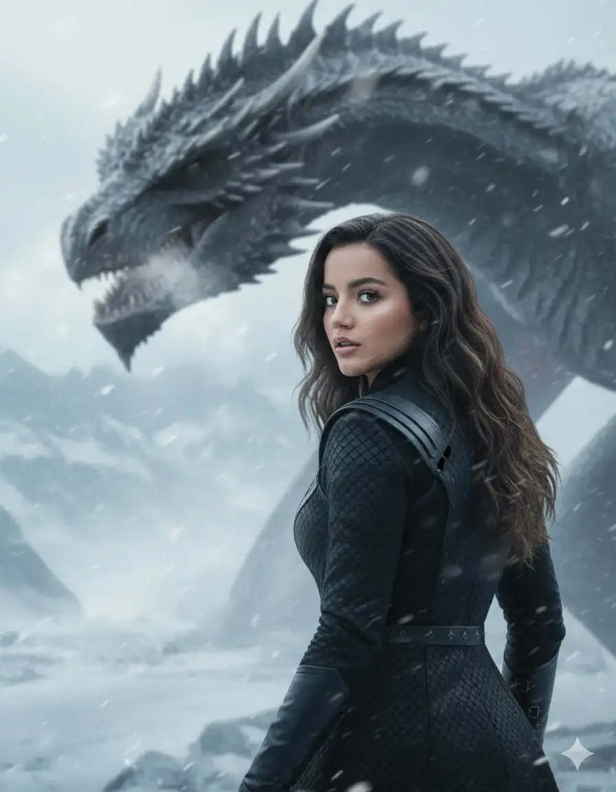 Crea una foto en un ambiente frío con la cara de Drogon (the Game of thrones) de fondo este panorama debe estar un ligeramente borroso y la mujer de aspecto atletico debe estar de espalda volteando solo la cabeza al lado izquierdo y con vestimenta color negro de los targaryen ligeramente borrosa, con el rostro y facciones de las personas. Utiliza el rostro de la misma mujer de la foto que te estoy dando.