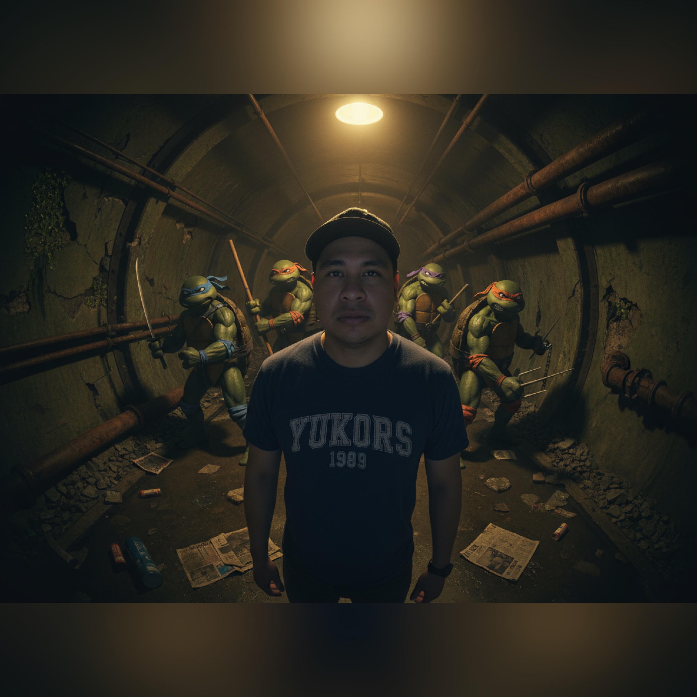 as una foto como Una obra de arte digital hiperrealista que muestra a un hombre atlético  con una camiseta vintage azul oscuro "YUKORS 1989" y una gorra de béisbol, colocada en el centro de un túnel subterráneo o alcantarillado con poca luz. Detrás de él se encuentran cuatro Tortugas Ninja Mutantes Adolescentes en sus clásicos pañuelos de colores: azul (Leonardo), púrpura (Donatello), rojo (Raphael) y naranja (Michelangelo), cada uno con sus armas de firma. La escena tiene una iluminación dramática claroscuro con una sola fuente de luz cálida desde arriba creando sombras fuertes. Las paredes del túnel son de hormigón desgastado con tuberías visibles, musgo y descomposición. Los charcos de agua reflejan la luz ambiental en el suelo, esparcido con escombros y papeles viejos. El ambiente es malhumorado y cinematográfico con una estética oscura y underground. La composición utiliza una perspectiva de ojo de pez o gran angular que crea una ligera distorsión alrededor de los bordes. La paleta de colores consiste en verdes apagados, marrones y tonos ámbar cálidos de la iluminación, en contraste con las sombras frías. Calidad de arte digital profesional con representación fotorrealista y texturas detalladas en todas las superficies". no modifiques el rostro ni los rasgos faciales