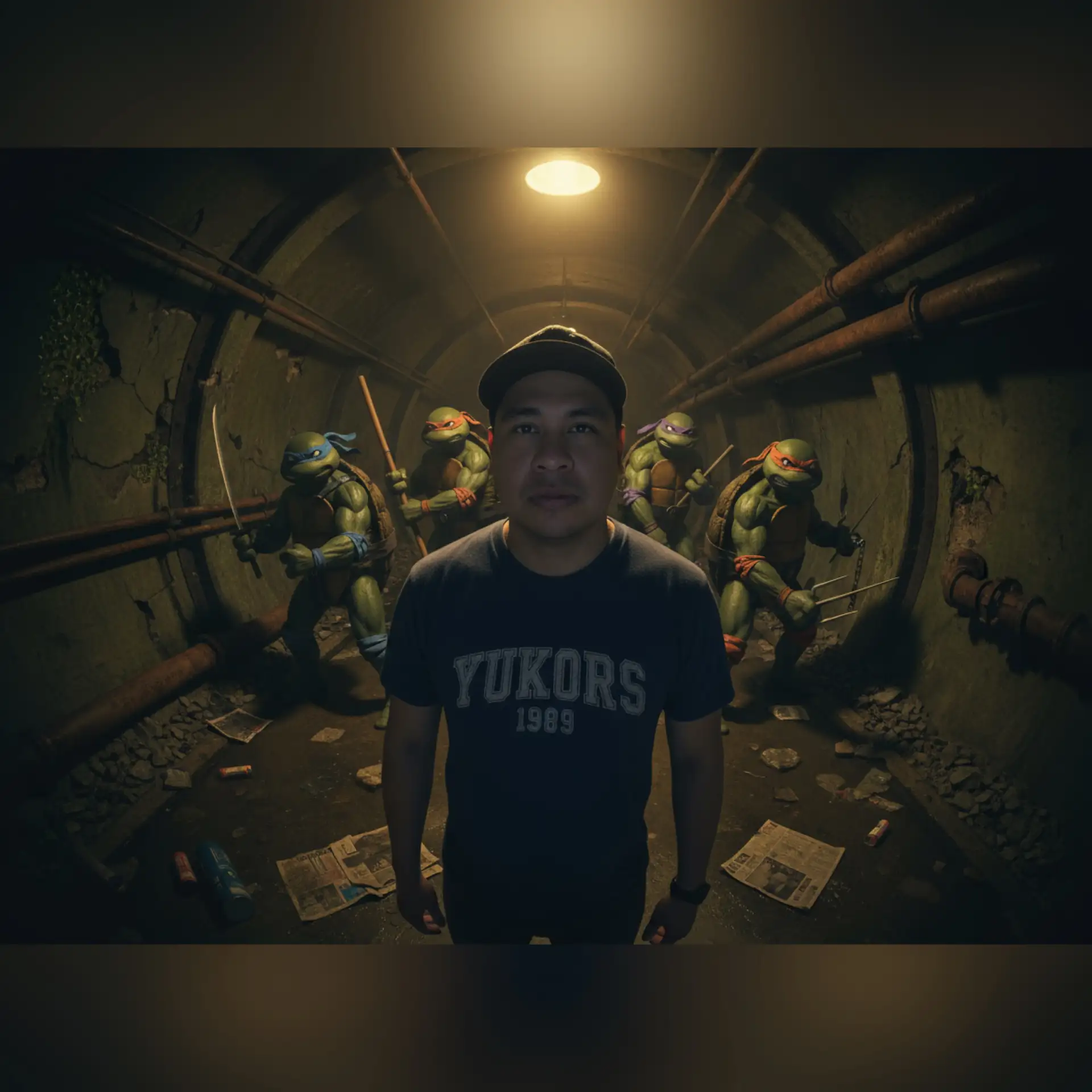 as una foto como Una obra de arte digital hiperrealista que muestra a un hombre atlético  con una camiseta vintage azul oscuro "YUKORS 1989" y una gorra de béisbol, colocada en el centro de un túnel subterráneo o alcantarillado con poca luz. Detrás de él se encuentran cuatro Tortugas Ninja Mutantes Adolescentes en sus clásicos pañuelos de colores: azul (Leonardo), púrpura (Donatello), rojo (Raphael) y naranja (Michelangelo), cada uno con sus armas de firma. La escena tiene una iluminación dramática claroscuro con una sola fuente de luz cálida desde arriba creando sombras fuertes. Las paredes del túnel son de hormigón desgastado con tuberías visibles, musgo y descomposición. Los charcos de agua reflejan la luz ambiental en el suelo, esparcido con escombros y papeles viejos. El ambiente es malhumorado y cinematográfico con una estética oscura y underground. La composición utiliza una perspectiva de ojo de pez o gran angular que crea una ligera distorsión alrededor de los bordes. La paleta de colores consiste en verdes apagados, marrones y tonos ámbar cálidos de la iluminación, en contraste con las sombras frías. Calidad de arte digital profesional con representación fotorrealista y texturas detalladas en todas las superficies". no modifiques el rostro ni los rasgos faciales