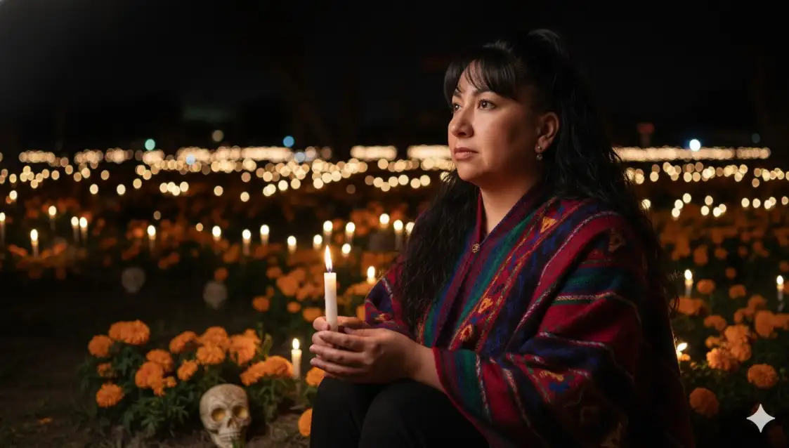 Toma una foto sin cambiar el rostro dentro de un panteón mexicano con flores de cempasúchil, con la oscuridad de la noche iluminando su rostro con una vela. Lleva un poncho artesanal con una expresión tranquila. El fondo contrasta con el color de la oscuridad. La foto tiene un tono estético melancólico, artístico y dramático, típico de los retratos editoriales (no cambie la forma del rostro). Iluminación: noche oscura Estado de ánimo: soñadora, melancólica, serena Pose: sentada con los ojos abiertos Entorno: flores de cempasúchil millas de velas encendidas cráneos de azúcar. Ángulo de la cámara: vista lateral en ángulo bajo, el rostro de la mujer es claramente visible Estilo: cinematográfico. NO CAMBIES LA CARA, te dejo varias referencias. Mantén las facciones de mi rostro, Mantén el rostro sin cambiarlo y sin modificarlo