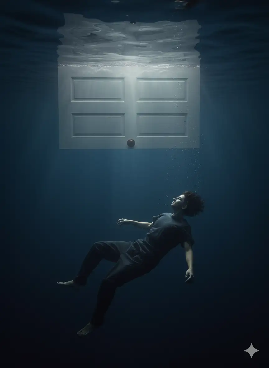 A photorealistic, cinematic underwater wide shot capturing a surreal and melancholic scene. Subject [person in the image] is sinking backward into a deep, dark navy blue abyss, dressed in dark, loose-fitting attire. Above them, just under the rippled water surface, a plain, off-white four-panel door floats horizontally, its underside visible. The door features four recessed rectangles and a single small, dark knob positioned near the lower edge of its central horizontal axis. The lighting is subdued, with soft, volumetric sun rays piercing the water from above, gently illuminating the door and casting the sinking figure in a subtle partial silhouette. Their body is angled dynamically, conveying a sense of graceful surrender to the depths, with their head tilted back looking up towards the lost connection to the surface. The water is incredibly clear, showing faint streams of bubbles escaping them. The overall mood is ethereal, lonely, and dreamlike. Shot on a full-frame mirrorless camera in an underwater housing, 24mm wide-angle lens, f/4, with crisp focus, capturing the stark beauty of the deep blue and the soft glow of the door.