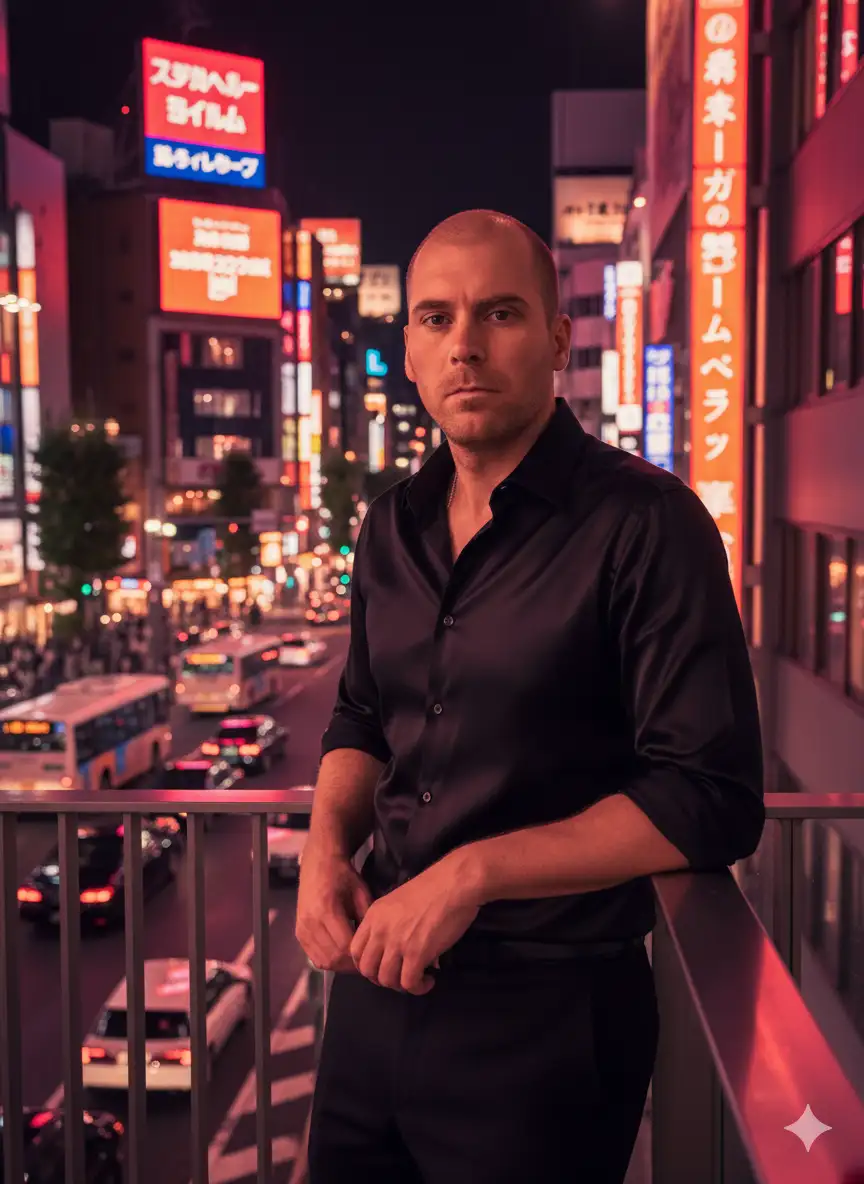 Retrato hiperrealista de esta persona apoyada casualmente en la barandilla de un balcón por la noche, con el cuerpo relajado y la postura natural. Abajo, una calle concurrida llena de automóviles y autobuses, mientras los altos carteles de neón japoneses brillan en tonos rojos vivos y cálidos, proyectando reflejos en la escena. Una camisa de seda negra con mangas remangadas y pantalones formales oscuros realzan el ambiente urbano. La iluminación cinematográfica con tonos rojizos y fuertes contrastes resalta la piel, las telas y las barandillas, creando una atmósfera urbana cambiante. La persona es delgada y mide 185 cm, manten su cara y expresiones faciales