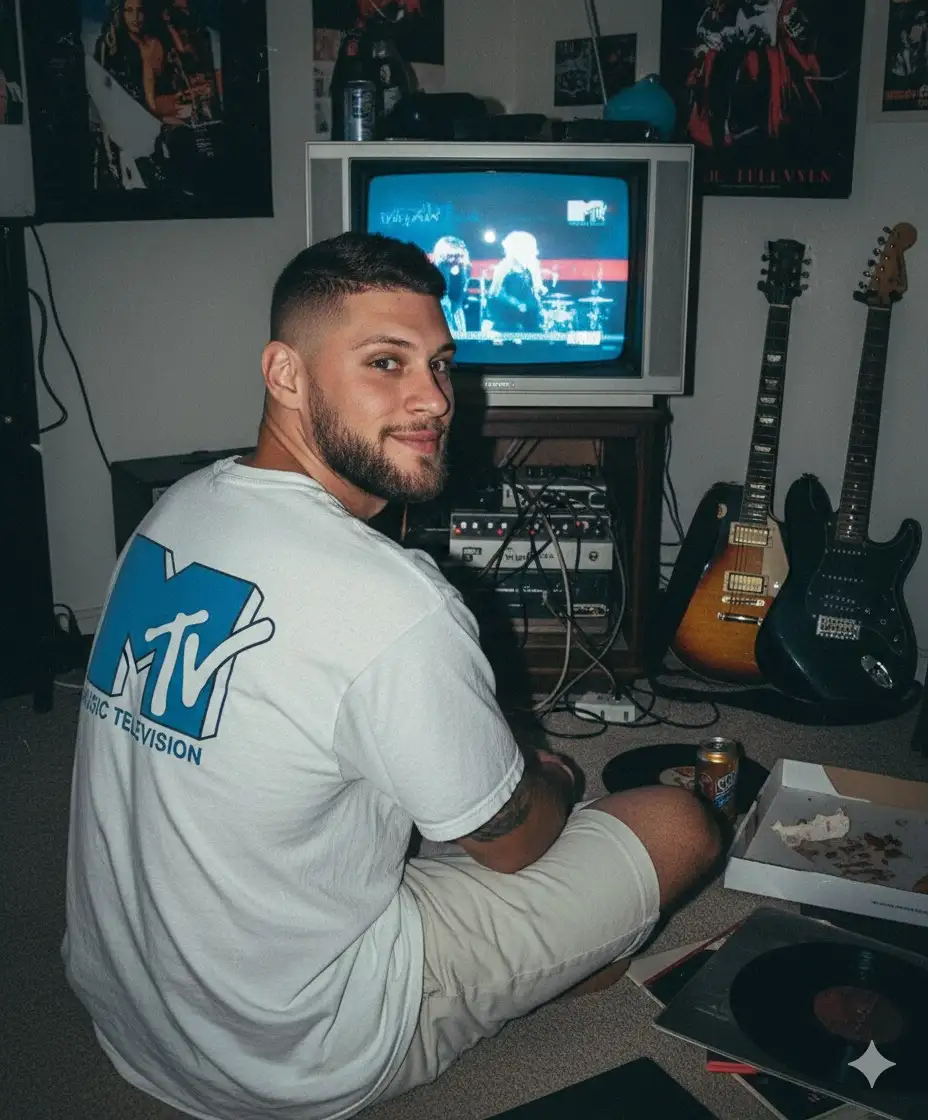 Toma una foto analógica con una estética grunge (personaje), en un dormitorio con un televisor de tubo de los 90 viendo la actuación de una banda de rock
Canal de MTV, en una habitación poco iluminada. Estoy sentado en el suelo, usando una camiseta blanca con (gran logo de MTV), frente a la televisión, mirando hacia atrás y sonríe suave y tranquilo ante la cámara que está tomando la foto, mientras la televisión sigue encendida en el fondo, visible para nosotros. También hay guitarras eléctricas Fotografía usando flash, sin edición. Que mi cara sea 100% real.