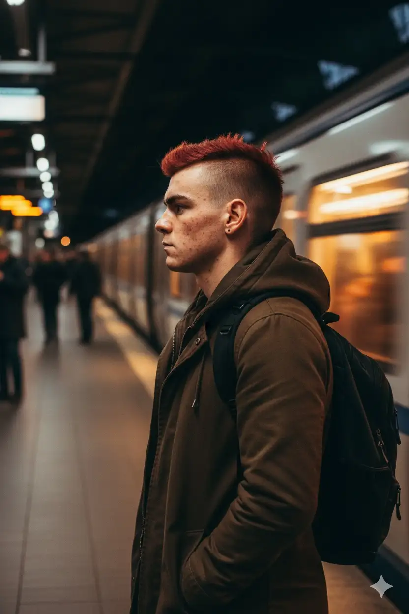 Using this image as reference: generate a hyperrealistic editorial portrait of the same person, preserving facial structure, skin tone, hair texture, and emotional expression with maximum fidelity. Do not remove natural imperfections—freckles, scars, pores, asymmetries, or wrinkles must be preserved to honor the subject’s authenticity and individuality. Hair must retain its natural texture, length, and movement.
The subject is shown in profile, standing calmly on a train platform, wearing a brown hooded coat and carrying a black backpack. He is not facing the camera, but observing the scene ahead. A train speeds past in the background, creating strong motion blur and streaks of light. The warm reflections from the train’s windows illuminate the subject’s face and coat, contrasting with the cooler tones of the platform and blurred commuters.
The composition is vertical (3:4 aspect ratio), medium-full body, slightly off-center. The image should evoke themes of solitude, transition, and quiet resilience—like a cinematic still suspended between movement and reflection.
---
Camera settings:
- Lens: 50mm f/1.8
- ISO: 400
- Aperture: f/2.0
- Shutter speed: 1/60s (to capture motion blur)
- Format: vertical (3:4)
- Lighting: warm ambient (~4200K), directional reflections from train windows
- Color grading: warm oranges and browns vs. cooler grays
- Mood: contemplative, cinematic
- Atmosphere: urban motion, editorial realism
--v 5 --ar 3:4 --style raw --quality 2 --ref_photo