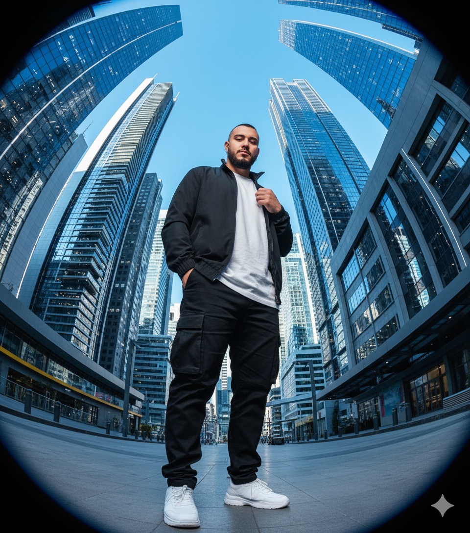 Hyperrealistic photographic portrait of a person in a modern streetwear scene, standing in a futuristic city. Using the reference image as a STRICT source, preserve the EXACT likeness of the person. This includes EXACT facial features, hair, and body proportions. Do not remove natural imperfections—preserve all skin texture, pores, and authentic details.
 The subject wears layered clothing: a white shirt underneath blackjacket with acollar, black cargo pants, and white sneakers. They stand confidently, bending slightly towards the camera from a very low angle (frog perspective) in the middle of a futuristic city with tall glass skyscrapers. Use a fisheye lens effect, making the buildings look dramatically curved towards a clear blue sky without clouds. Daytime natural lighting, sharp contrast, ultra-realistic cinematic photography style, high detail, 8K, street fashion style full pose.
 The subject's appearance must be IDENTICAL to the reference photo. Only the clothing, pose, and setting are suggested by this text.
 cinematic, fisheye lens, low angle, futuristic architecture, streetwear fashion, sharp focus, high contrast, 8k --v 6.0 --style raw --rw 1.5 --ar 9:16