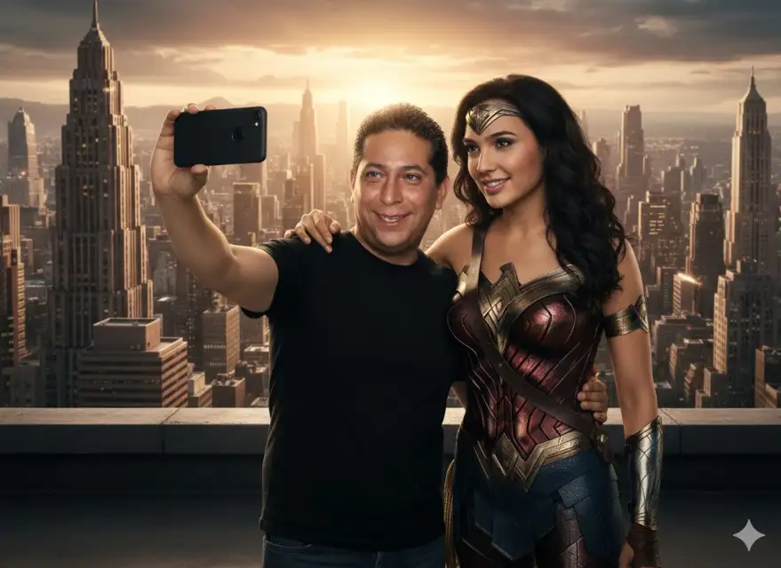 Autor Una selfie realista con una mujer Maravilha dos películas de DC. O homem (use una foto anexa) vestindo camiseta preta e jeans em primer plano tem o rosto exactamente igual ao da foto de referencia fornecida. A Mulher-Maravilha está ligeramente inclinada, pasando el braço em volta do ombro do homem, sorrindo naturalmente. Traje de superhéroe detallado con texturas realistas, iluminación cinematográfica, fondo urbano o épico, estilo fotorrealista, altamente detallado y realista.