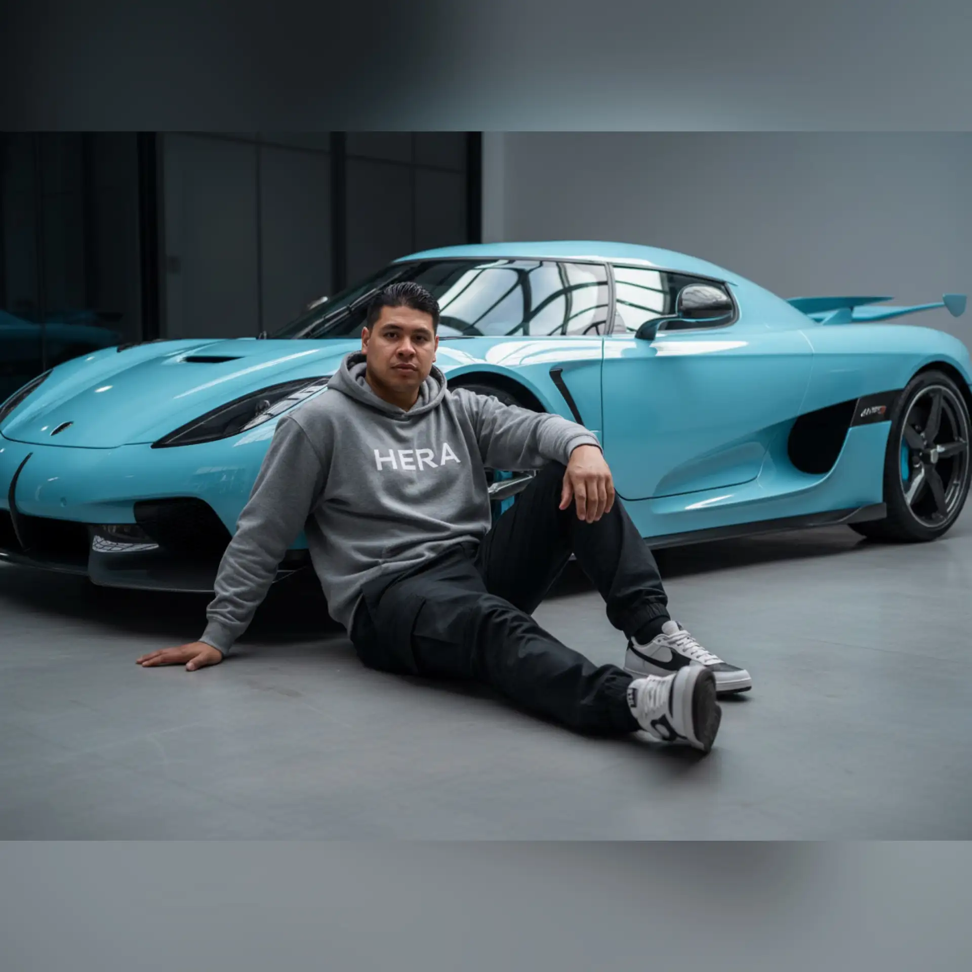 Un joven atlético y fuerte con estilo sentado casualmente en el suelo frente a un elegante coche deportivo koenigsegg jesko  celeste  con pinzas de freno celestes. Lleva una sudadera con capucha gris holgada con la marca 'HERA', pantalones negros de corte relajado y zapatillas blancas y negras. Su pose es relajada, con una mano apoyada en el suelo y la otra en la pierna, exudando un ambiente seguro de ropa de calle. El entorno es un garaje moderno con reflejos brillantes en la superficie del coche, creando una estética lujosa pero urbana. Estilo de fotografía cinematográfica hiperrealista, detalles nítidos, iluminación suave y composición equilibrada. Resolución 4K".
no cambie nada, mantenga la misma forma de ojos, boca, nariz y rostro; no ablande, embellezca ni suavice, y mantenga la expresión facial igual. ¡Por favor!