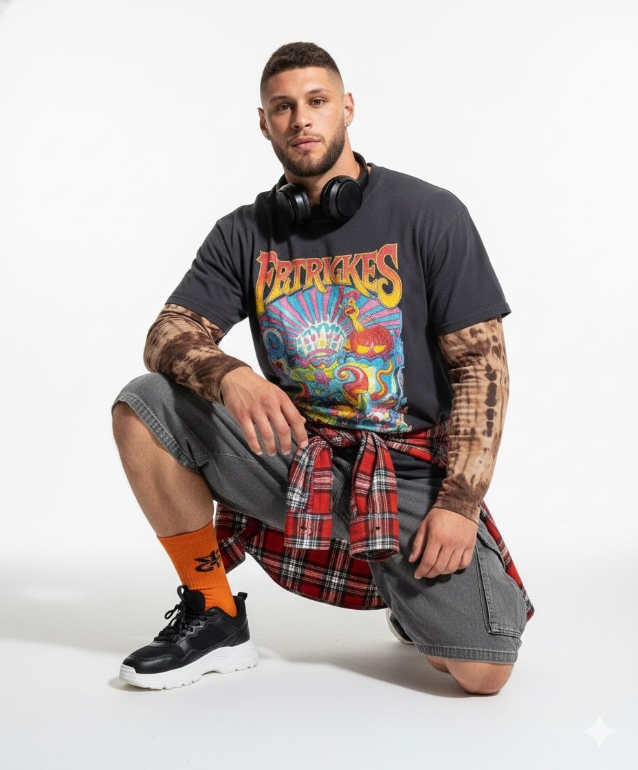 A vertical 9:16 fashion poster layout featuring a young man, white headphones around his neck. His dark vintage graphic t-shirt features a colorful psychedelic print, layered over brown tie-dye long sleeves. A red-and-white plaid shirt is tied around his waist, paired with loose gray denim cargo shorts, orange crew socks with black print, and black chunky sneakers The background is clean white, Render in ultra HD, cinematic lighting, soft shadows. Editorial fashion magazine poster style. Don't change facial features. Kneeling