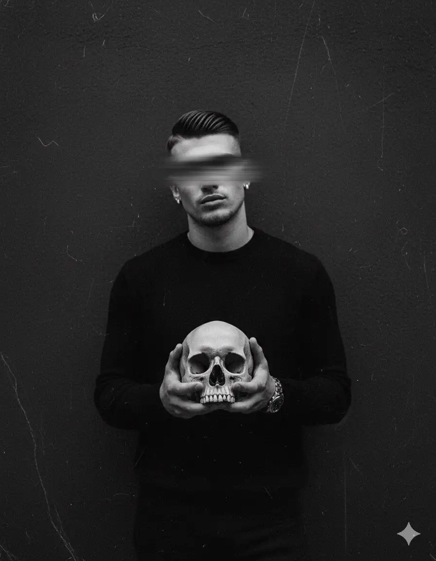 High-contrast monochromatic artistic portrait with a gothic, melancholic theme. Using the reference image as a STRICT source, preserve the EXACT likeness, facial structure, body proportions, and natural hair of the person. The image has a grainy, blurry texture, resembling an old, deteriorated dark studio portrait.
**Close-up shot, framing the person from the waist up.** They stand comfortably leaning back against a dark, textured wall. The head area is blurred by a horizontal motion blur, rendering the face unidentifiable, intensifying the feeling of anonymity and focusing all attention on the symbolic action.
They wear a long-sleeved black sweater with a clean, structured fit. A metallic watch is visible on their wrist. The monochromatic outfit creates a stark, sculptural silhouette.
They hold a human skull with both hands in front of their chest, which is the only razor-sharp and clear element in the entire image, making it the undeniable focal point.
The background is the uniformly dark, textured wall they are leaning on, eliminating all distractions.
Memento Mori, gothic, monochrome, high contrast, grainy, blurry, artistic, dramatic, minimalist fashion, solemnity, close-up, intimate portrait --v 6.0 --style raw