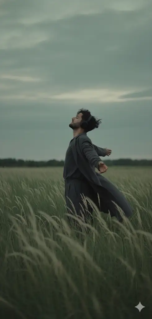 Based on the portrait of my face, create a high-quality vertical cinematic portrait of a young character standing in a vast green meadow at twilight.
The shot should be framed from the character's thighs upward, captured from a low angle at the character's feet looking up toward the sky, emphasizing the openness of the landscape. The surroundings are wide and expansive, with tall pampas grass in the foreground rising higher than the character, softly blurred due to the camera's shallow depth of field.
The character is dressed in dark-colored clothing, creating a subtle sense of elegance and comfort. They wear large headphones and lean slightly backward with arms spread wide, as if embracing the wind. The camera captures them at a 3/4 angle, slightly from behind, evoking a cinematic feeling of solitude and introspection.
Around the character, tall grass sways gently, while the sky behind is covered with soft clouds in muted green and gray tones. The lighting is natural and diffused, casting a moody, melancholic glow over the scene. The focus is shallow, drawing attention to the character's side profile from the low-angle shot. A gentle breeze lifts their hair, enhancing the sense of movement and quiet freedom.
The overall atmosphere is dreamlike, reflective, and poetic, inspired by solitude and emotional release, with soft focus and film-grain texture to evoke a nostalgic cinematic tone.
The entire image should capture the essence of a dusky, overcast afternoon in a meadow - the palette is muted and somber, yet the character appears serene and immersed in the moment, as if letting go of everything. The mood is heavy yet liberating, filled with a quiet beauty born from melancholy and freedom.