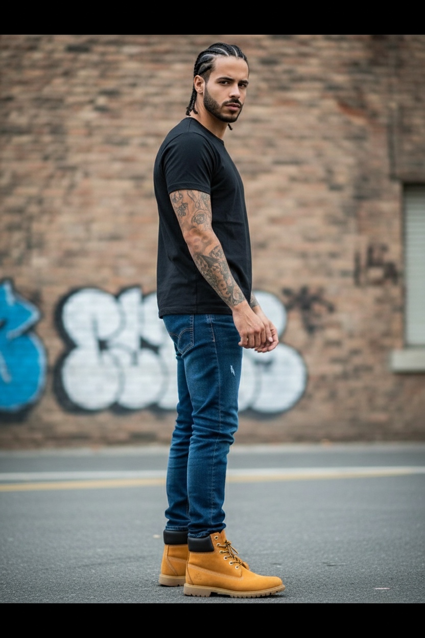 Estilo de Ropa: Urbano/Rudo.
El hombre lleva una camiseta oscura de cuello redondo y pantalones de mezclilla. Su estilo se enfoca en la silueta simple y un look masculino acentuado por su cabello trenzado y barba.
Zapatos Timberland: Un par de botas estilo Timberland clásicas iría perfecto con esta ropa, dándole un toque outdoors al look rudo.
