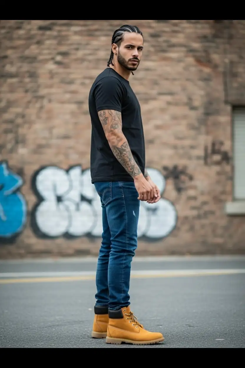 Estilo de Ropa: Urbano/Rudo.
El hombre lleva una camiseta oscura de cuello redondo y pantalones de mezclilla. Su estilo se enfoca en la silueta simple y un look masculino acentuado por su cabello trenzado y barba.
Zapatos Timberland: Un par de botas estilo Timberland clásicas iría perfecto con esta ropa, dándole un toque outdoors al look rudo.