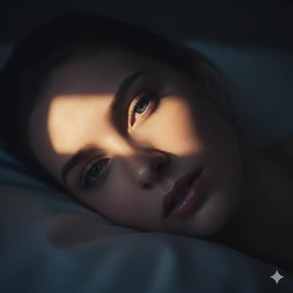 Create a hyper-realistic, frontal close-up portrait, emulating a scene with the person lying on a light surface, head slightly turned towards the camera, direct gaze, and slightly parted lips; close to medium-tight framing with critical focus on the eyes and moderate depth of field equivalent to 85mm f/1.8 or 50mm f/1.4. Recreate the narrow, warm band of light crossing the eyes, bridge of the nose, and mouth, tilted approximately -28° relative to the horizon, occupying ~10% (side); maintain a global contrast of ~7:1 between lit areas and dense shadows. Perform color grading with warm highlights (hue 35°-50°) and cool, almost black cinematic intimate shadows, maintaining a soft split-toning feel, slightly positive balance without introducing noise. Slightly darker limbal ring on the light iris and small specular highlight; lower lip with subtle sheen, teeth only suggested by the glancing light. Control skin microtexture without airbrushing, editorial-level sharpness, zero grain, natural vignetting at the edges; the background remains dark and unobtrusive, with no extra elements. Lighting and palette should convey a poetic and contemplative atmosphere; render in high 8K resolution, magazine-level photographic realism, clean composition, and no additional props.