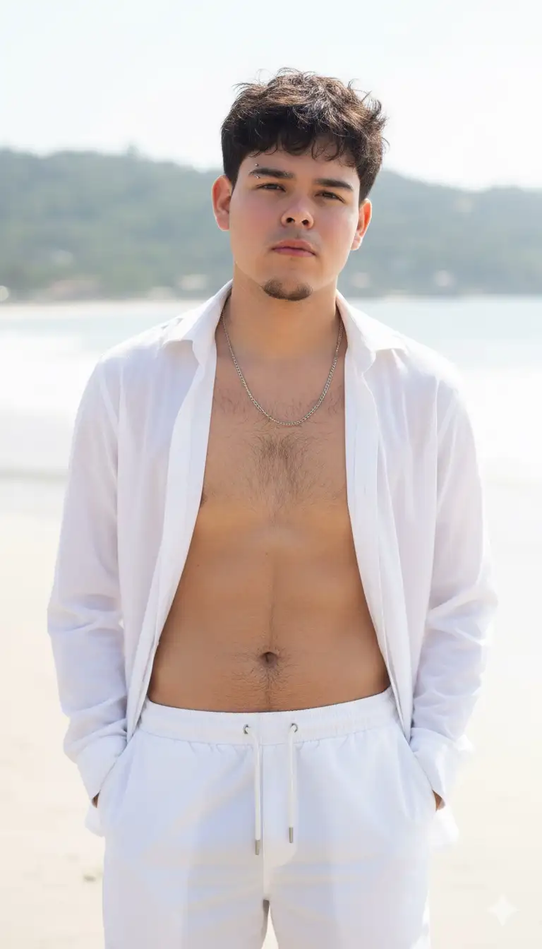 Create a photo with the subject of the image The image shows a young man with a slim build and white skin. He is standing outdoors, probably on a beach or near water, given the blurred background that appears to include vegetation on hills or mountains, water, and sand. The man is wearing a white long-sleeved shirt unbuttoned, revealing his hairy torso. He also appears to be wearing white shorts or pants with a drawstring. He has a thin silver chain around his neck. He is looking directly at the camera with a serious expression and his hands are inside his pants pockets. The sun seems to be shining, creating a bright atmosphere.