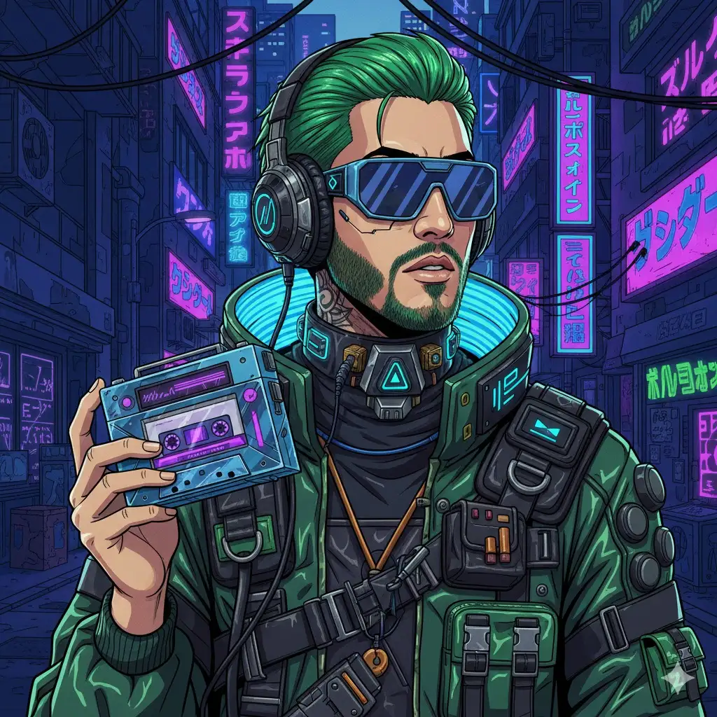 close up, futuristic, japanese anime poster background, cyberpunk, forced perspective, vector illustration, simple blocky forms, walkman, androgynous asian person posing (use the uploaded picture as reference for the face), shiny plastics, big jewelry, vector art, close up, japanese street fashion, cosplay, highly detailed costume, sunglasses, techwear, headphones, detailed outfit, belts, bags, street fashion, detailed cluttered background, graffiti.