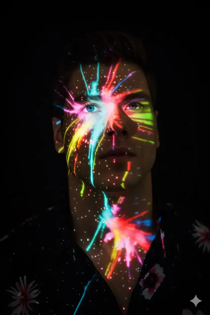 Using this image as a reference: generate a hyperrealistic editorial portrait of the same person, preserving facial structure, skin tone, hair texture, and emotional expression with maximum fidelity. The subject is standing against a deep black background, illuminated by vibrant, multicolored light projections that cover the face and upper torso. The light patterns include dynamic streaks, bursts, and dots in neon tones—pink, cyan, lime green, yellow, red, and electric blue—creating a surreal, energetic atmosphere. The most intense concentration of light is around the eyes, resembling an explosion of color and emotion.
The subject wears a minimalist black sleeve with collar with abstract or flower patterns, subtly visible beneath the projected lights.
On the body: the light reflections are larger and softer, forming diffuse patches and gradients across the neck, shoulders, and chest
Their head is tilted slightly upward, conveying introspection, strength, and poetic tension. The lighting should simulate a real-world projection mapped onto the skin, with realistic shadows, reflections, and color blending. Maintain sharp focus on the eyes and facial features, with cinematic depth of field and soft bokeh in the background.
Style: editorial portrait with surreal and ritualistic undertones.
Camera: full-frame DSLR simulation, 85mm lens, f/1.4 aperture, ISO 100, shutter speed 1/125s.
Lighting: simulated projection mapping with high-contrast multicolor beams.
Color grading: rich, saturated tones with deep blacks and glowing highlights.
Resolution: ultra-high (8K equivalent), suitable for print and exhibition.
Mood: emotionally charged, visually captivating, empowering, and inclusive.
--v 5 --ar 3:4 --style raw --quality 2 --ref_photo