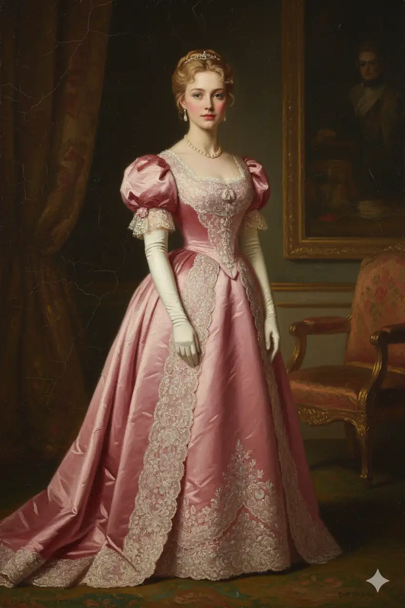 Use the uploaded photo as the subject. Transform into a 19th-century Victorian royal portrait. Outfit: gown in [color], with [lace / embroidered / velvet] textures, and an elegant [cape / shawl / gloves]. Hairstyle: [neatly tied bun / wavy updo / long curls]. Painted oil canvas style with regal studio lighting.
